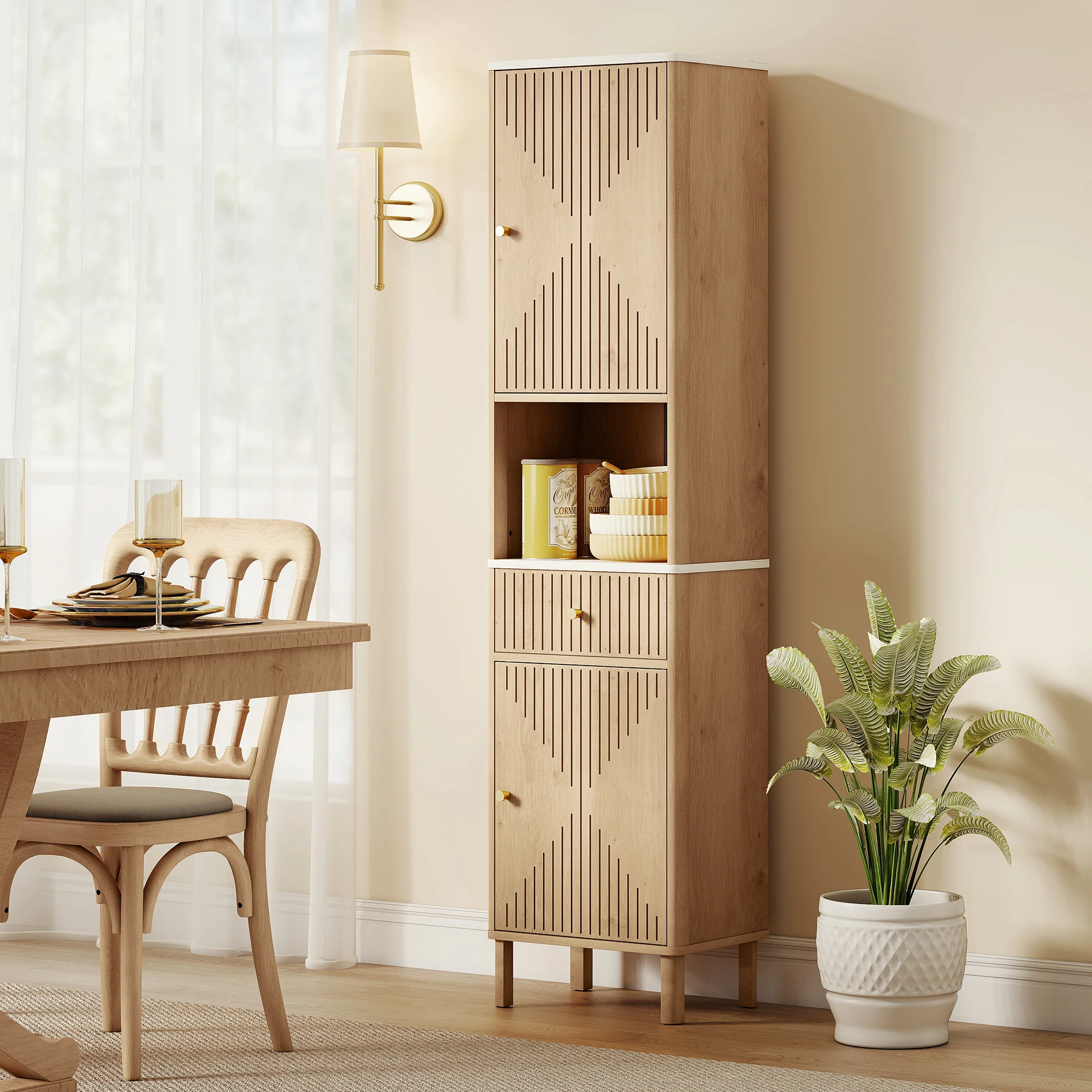 HOMCOM 168 cm Tall Bathroom Cabinet with Drawer and Adjustable Shelves, Oak - Image 9
