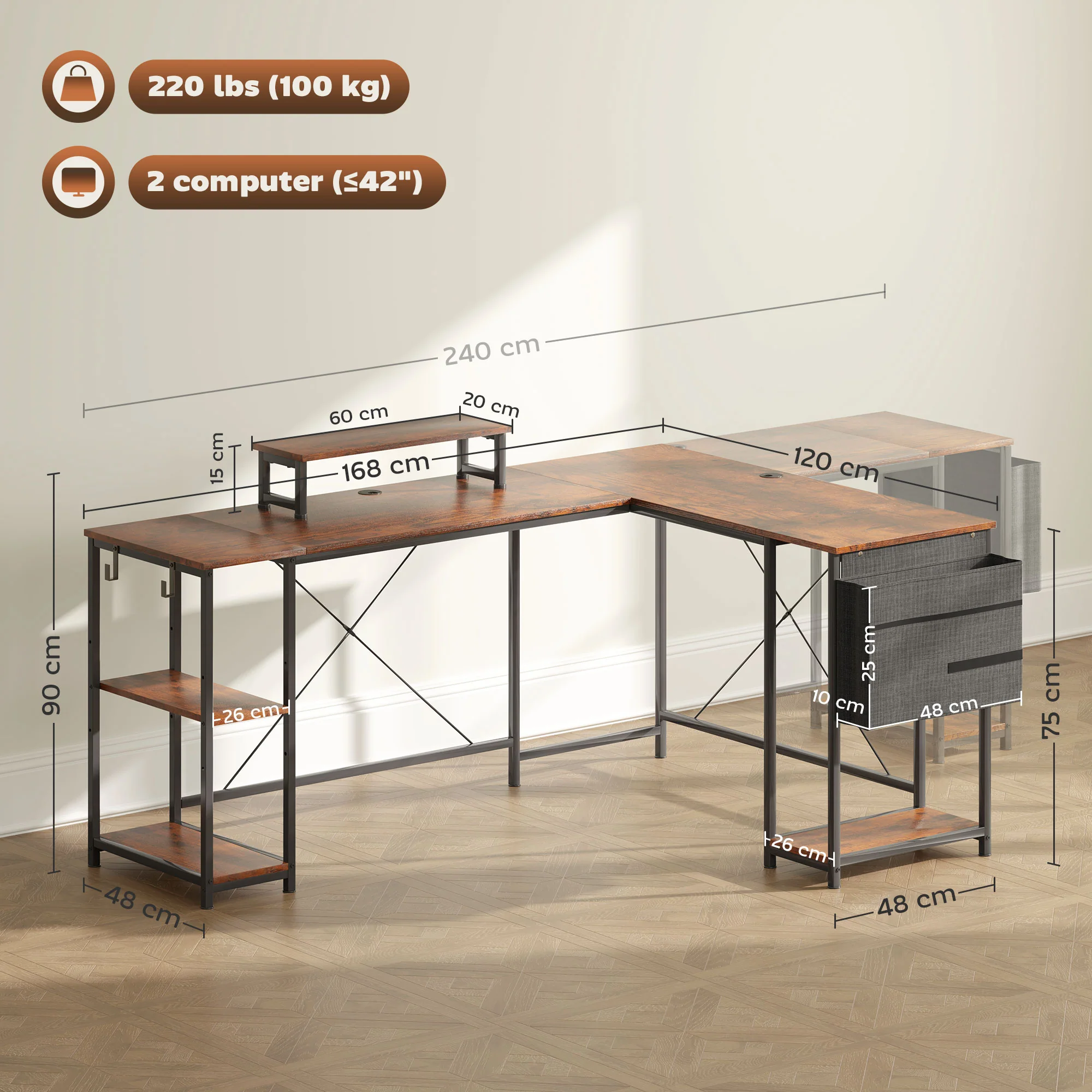HOMCOM 168cm Reversible L Shaped Desk, 240cm Two Person Desk - Image 14