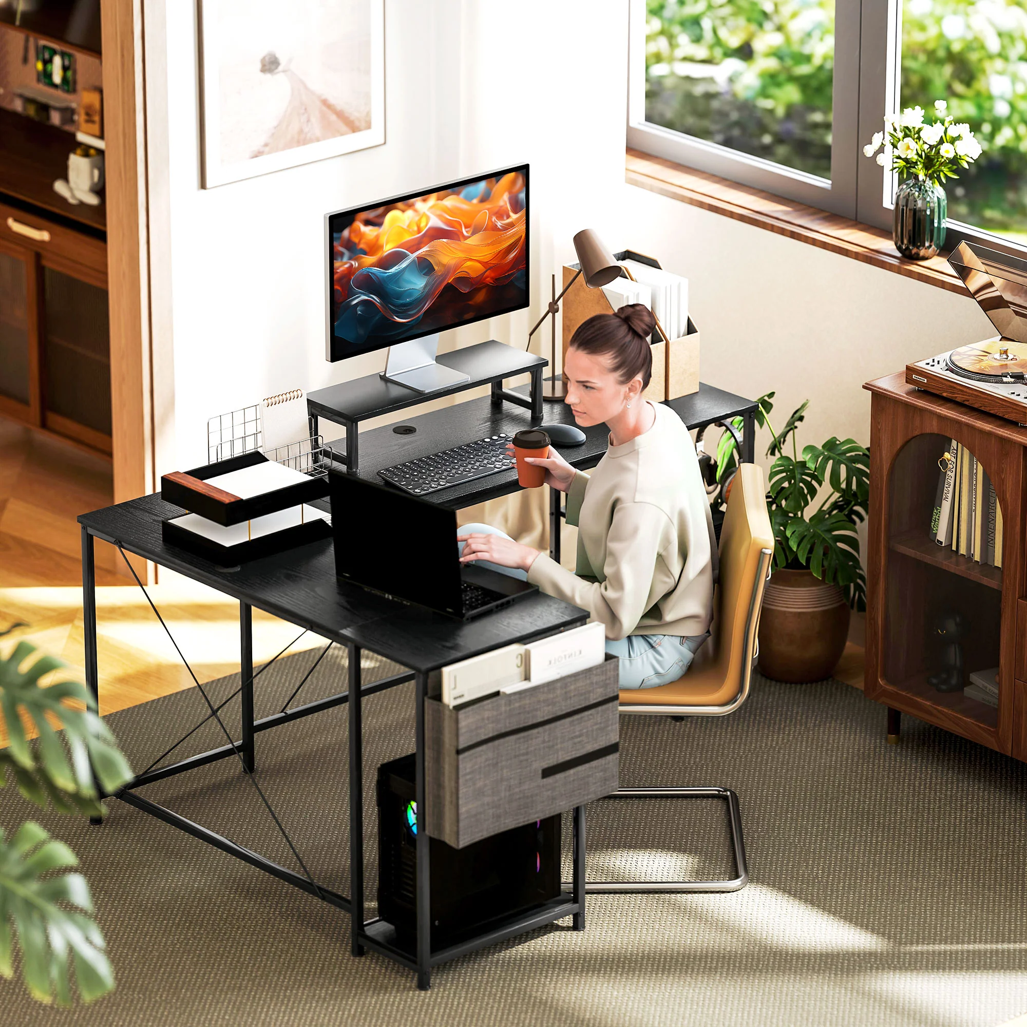 HOMCOM 168cm Reversible L Shaped Desk, 240cm Two Person Desk - Image 8