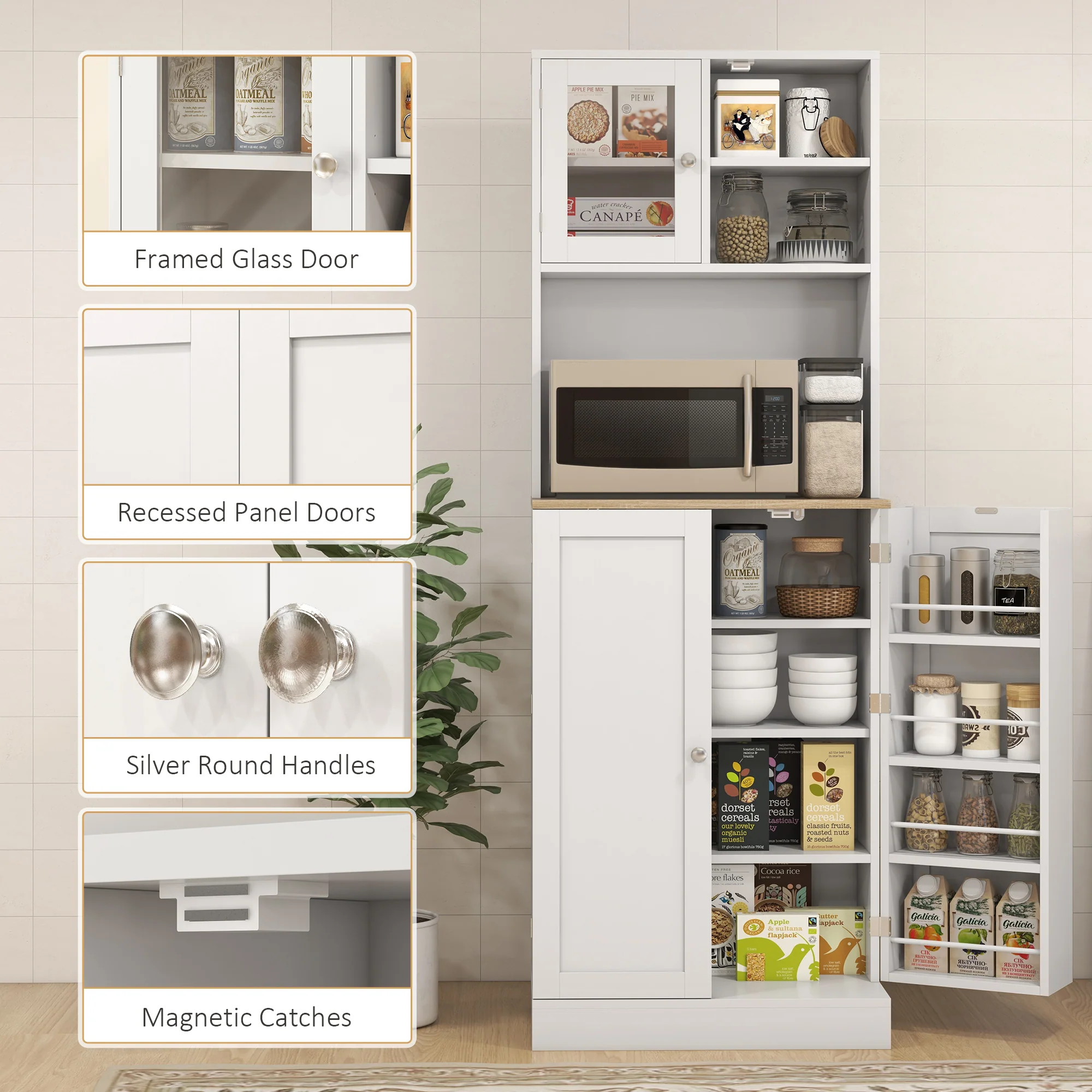 HOMCOM 169cm Tall Kitchen Pantry Storage Cabinet with Microwave Shelf - Image 7