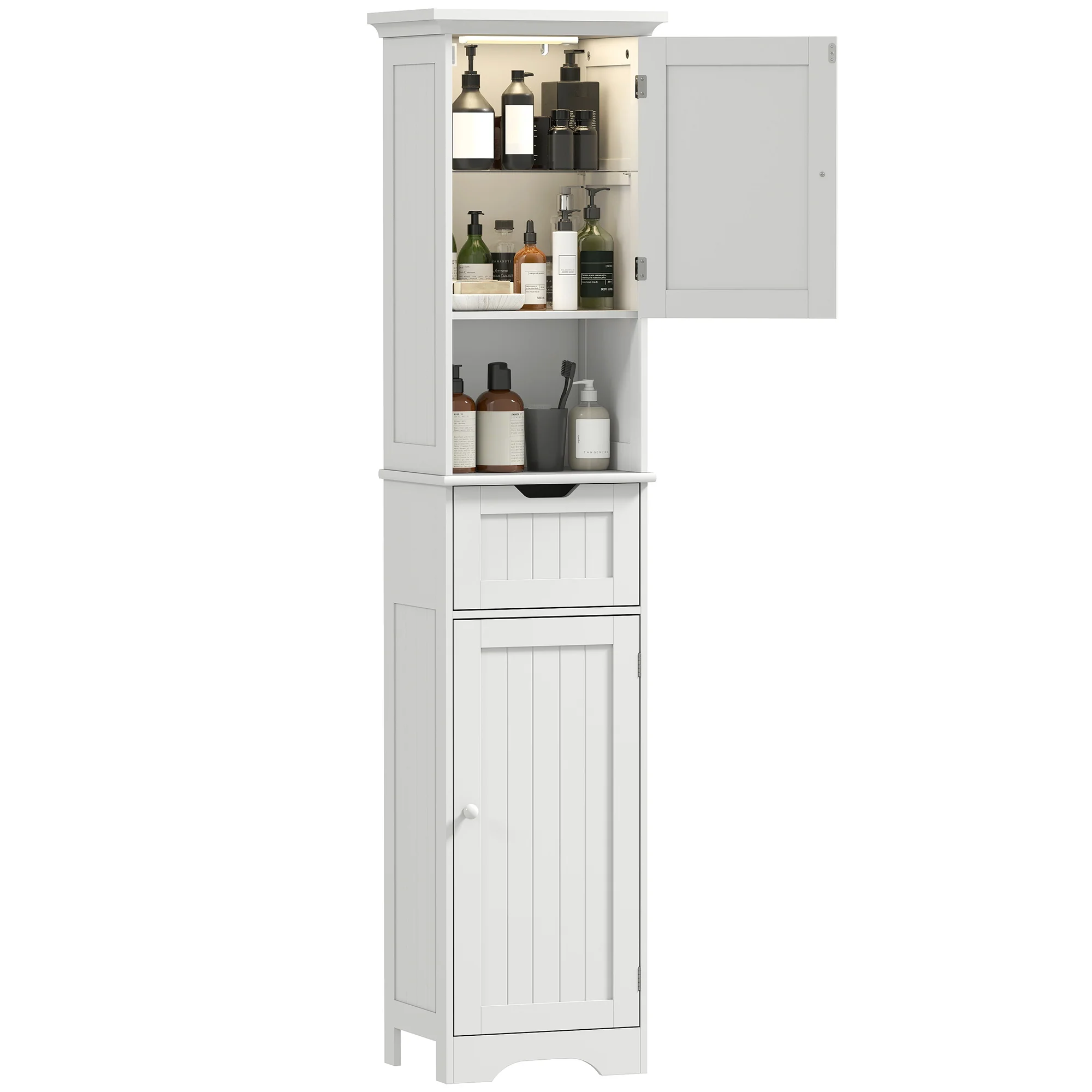 HOMCOM 170cm Tall Bathroom Storage Cabinet with LED Light, Adjustable Shelf