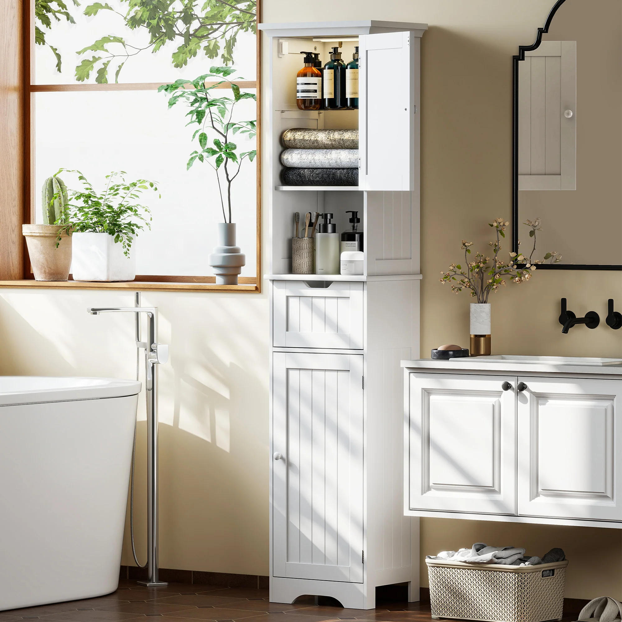 HOMCOM 170cm Tall Bathroom Storage Cabinet with LED Light, Adjustable Shelf - Image 2
