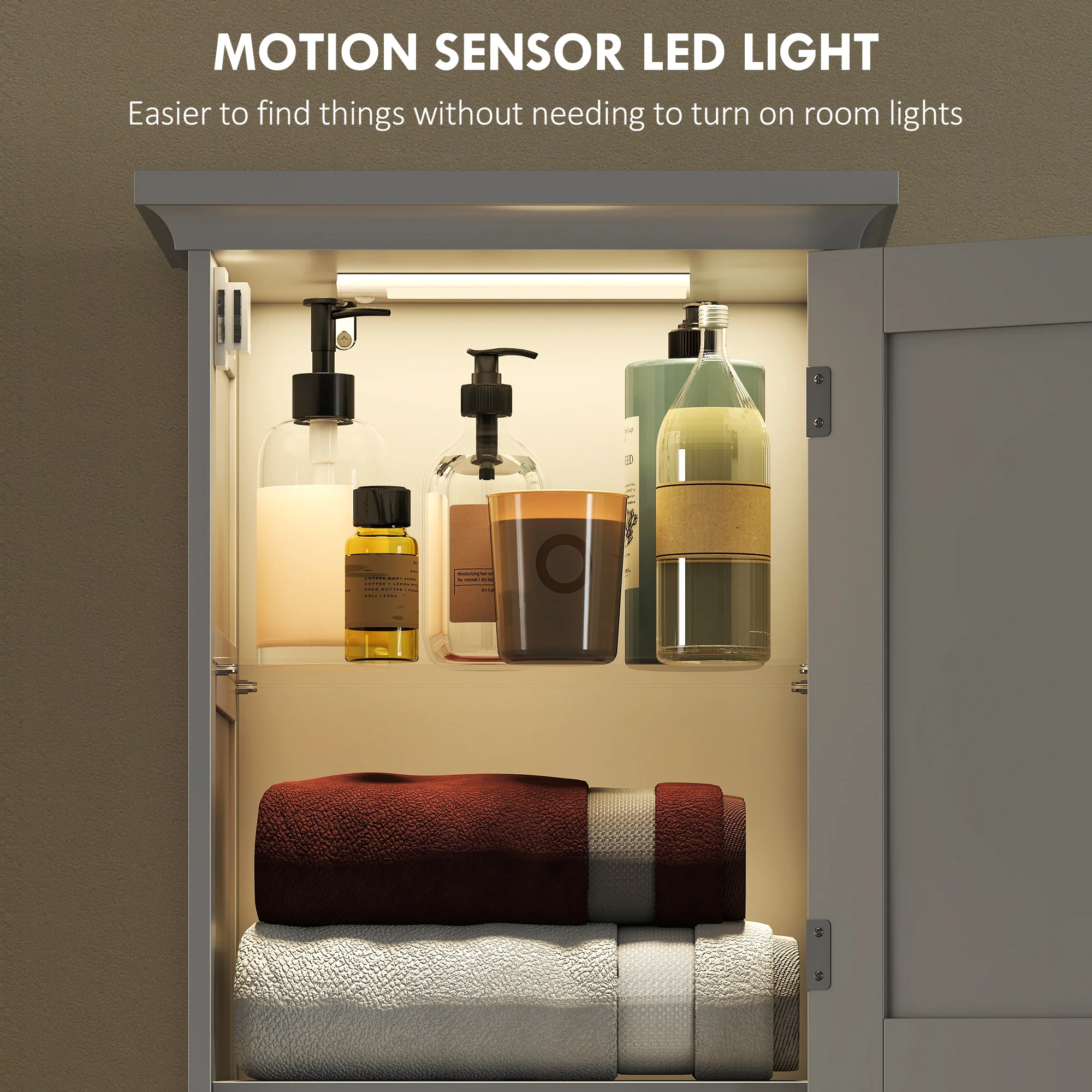 HOMCOM 170cm Tall Bathroom Storage Cabinet with LED Light, Adjustable Shelf - Image 3