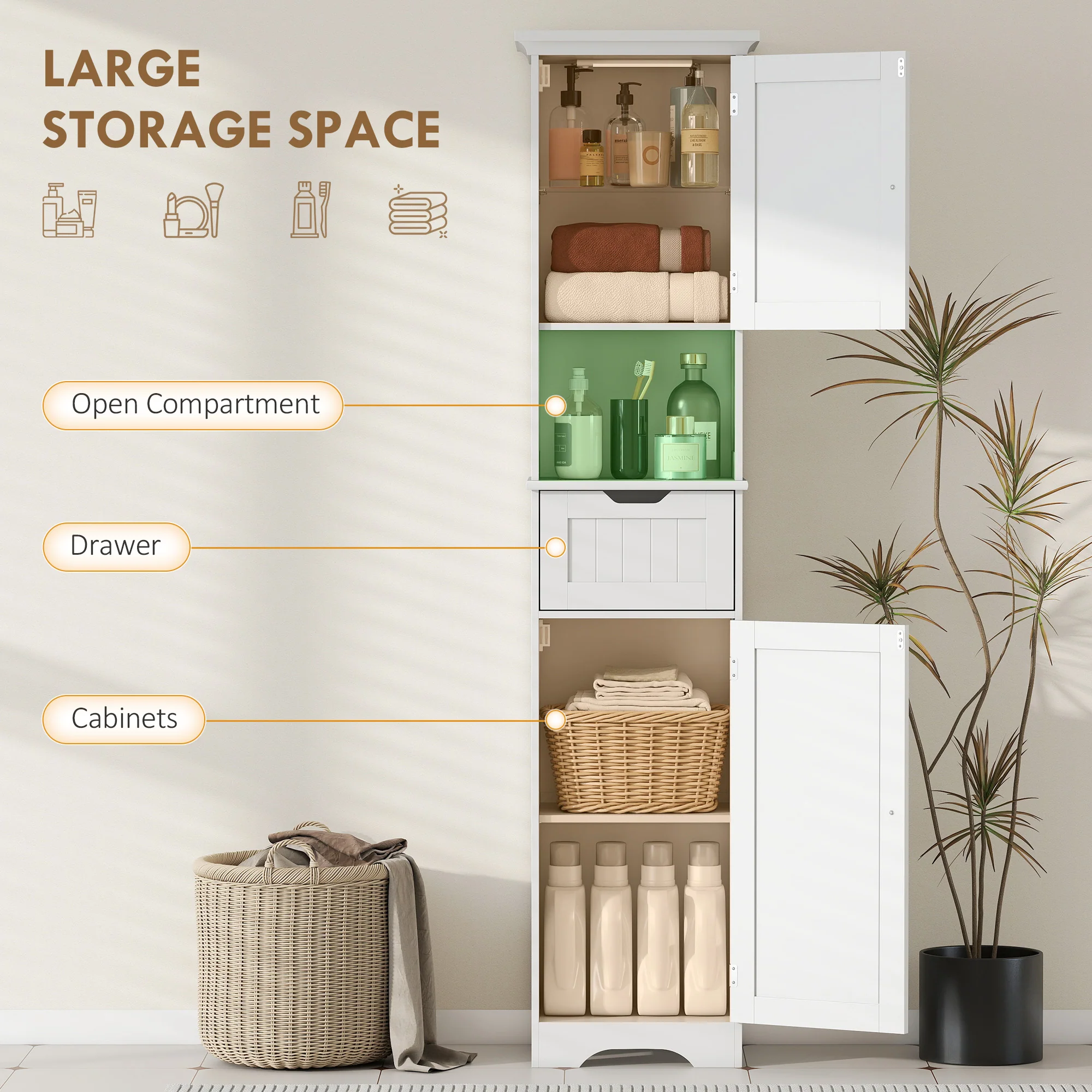 HOMCOM 170cm Tall Bathroom Storage Cabinet with LED Light, Adjustable Shelf - Image 4