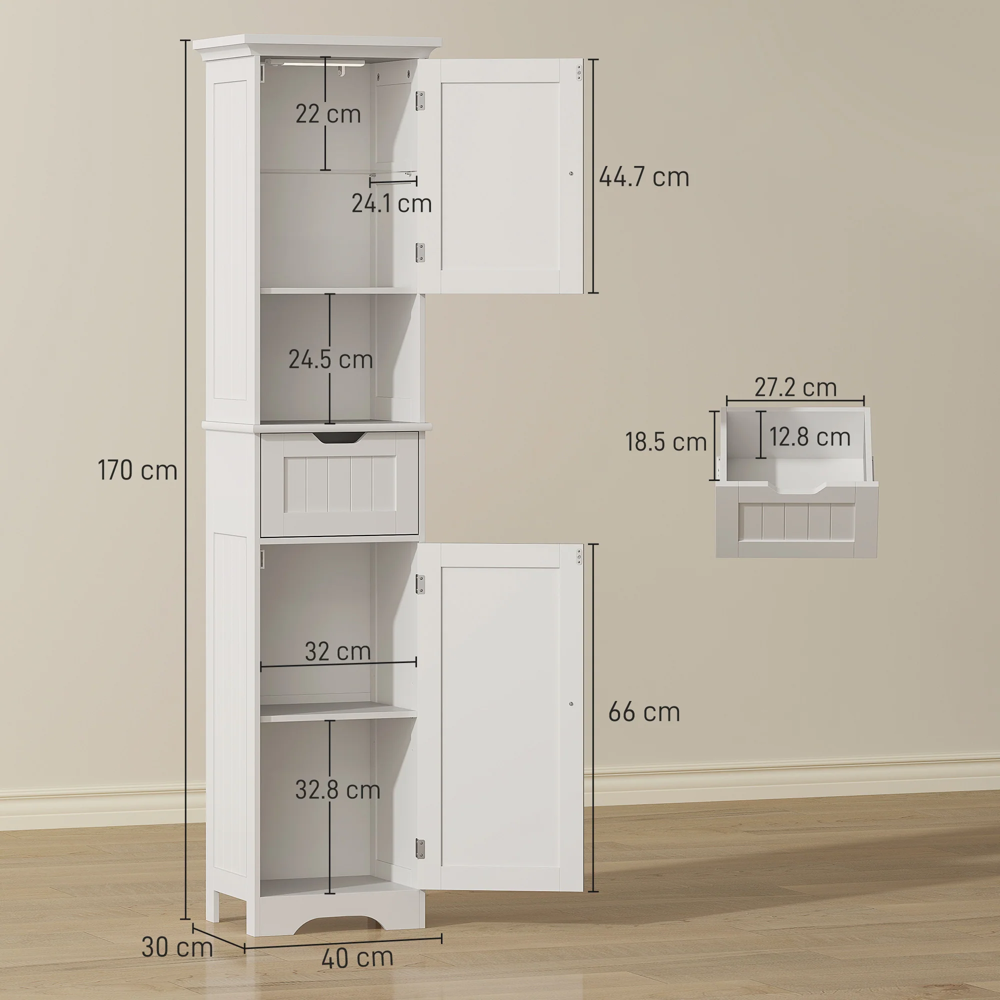 HOMCOM 170cm Tall Bathroom Storage Cabinet with LED Light, Adjustable Shelf - Image 5