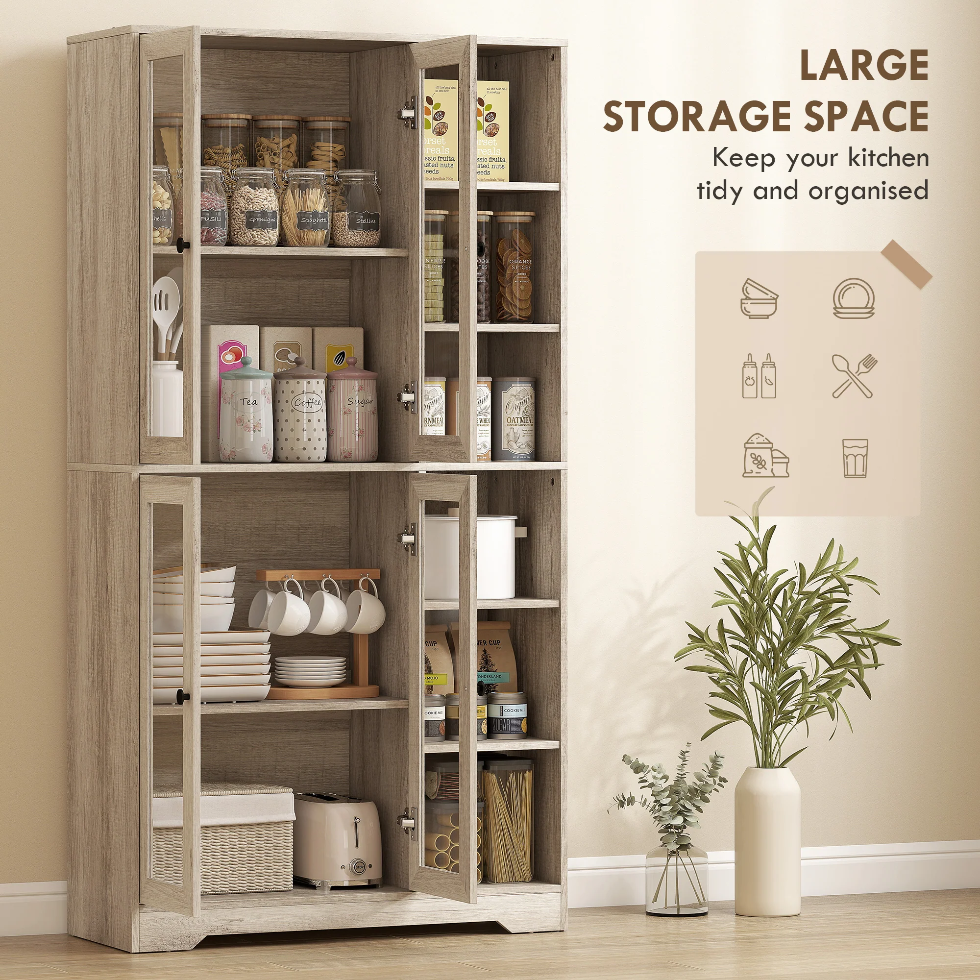 HOMCOM 172 cm Tall Kitchen Cupboard, Pantry Storage Cabinet, Light Grey - Image 3
