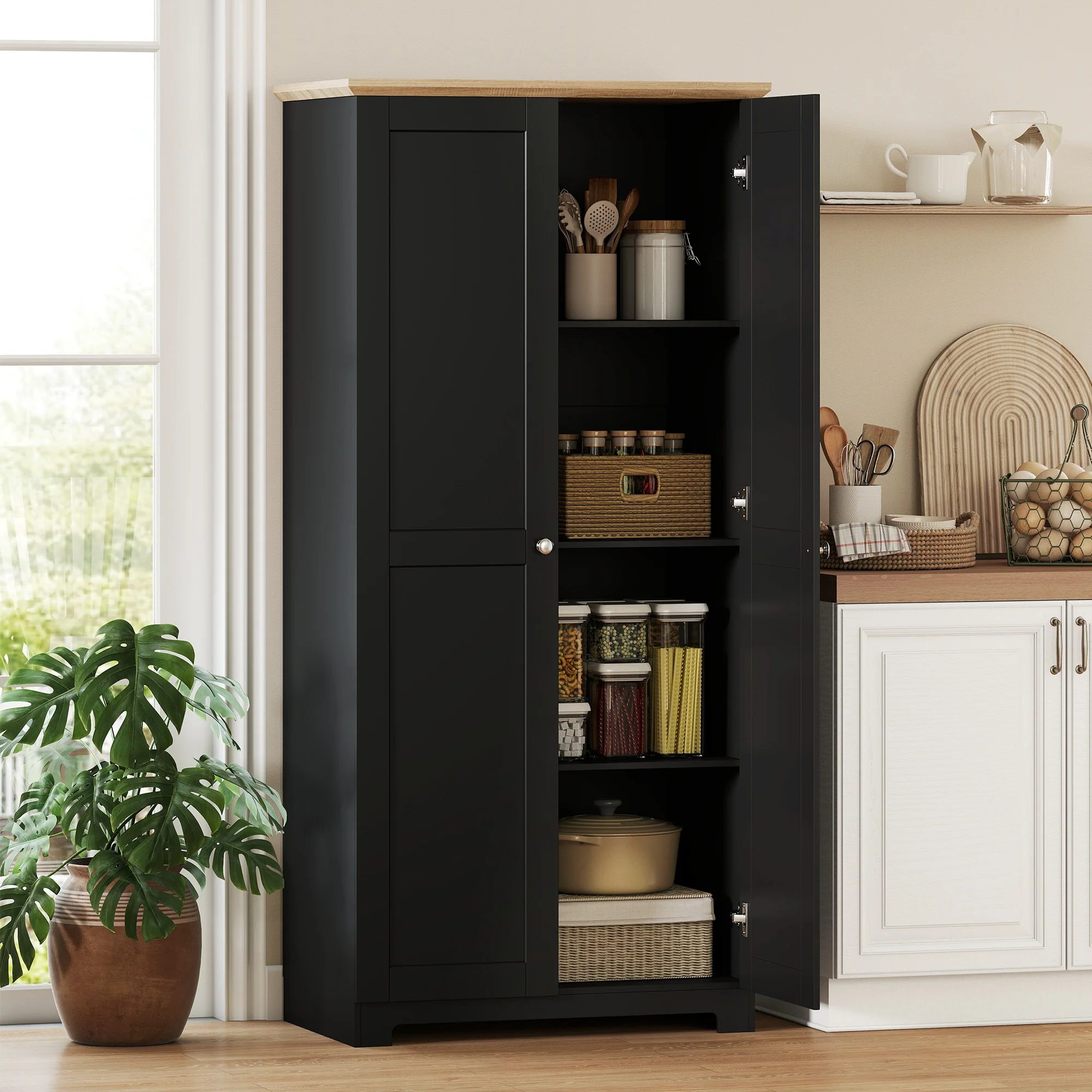 HOMCOM 172cm Wooden Storage Cabinet Cupboard With 4 Shelves Black - Image 2