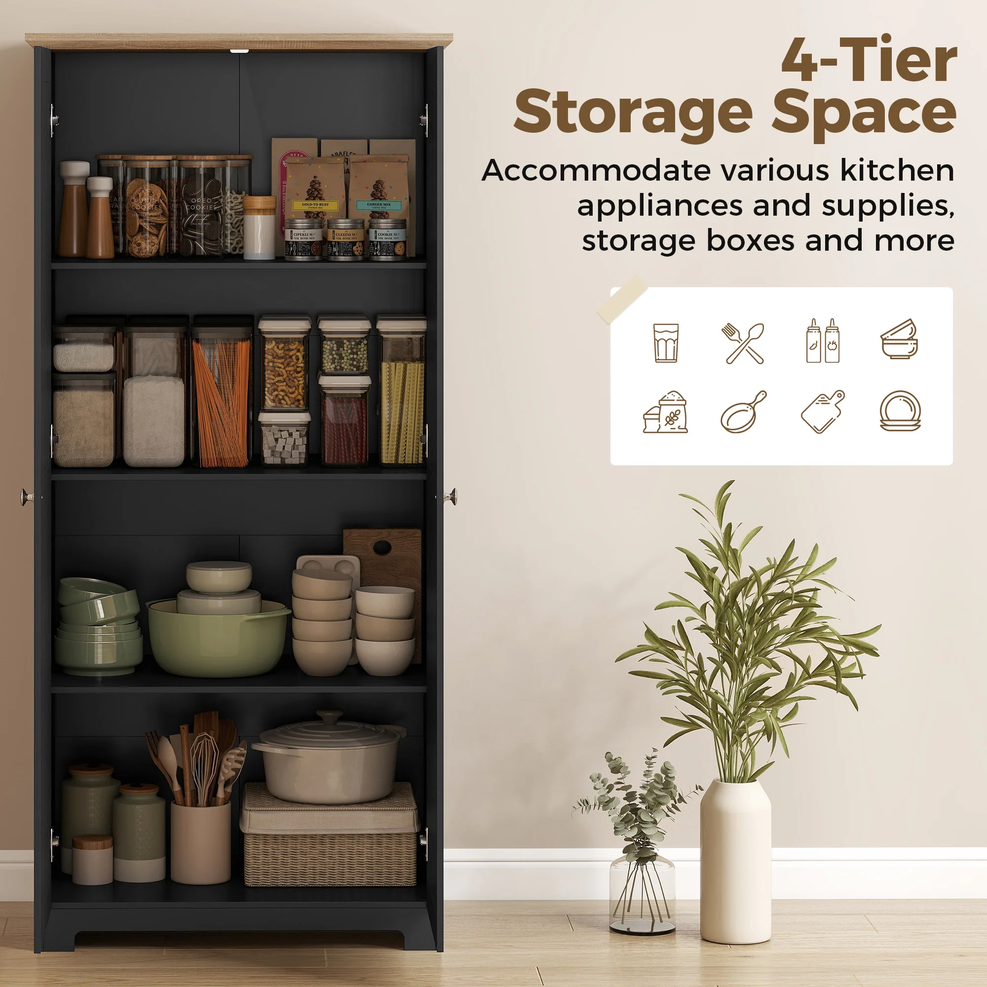 HOMCOM 172cm Wooden Storage Cabinet Cupboard With 4 Shelves Black - Image 3