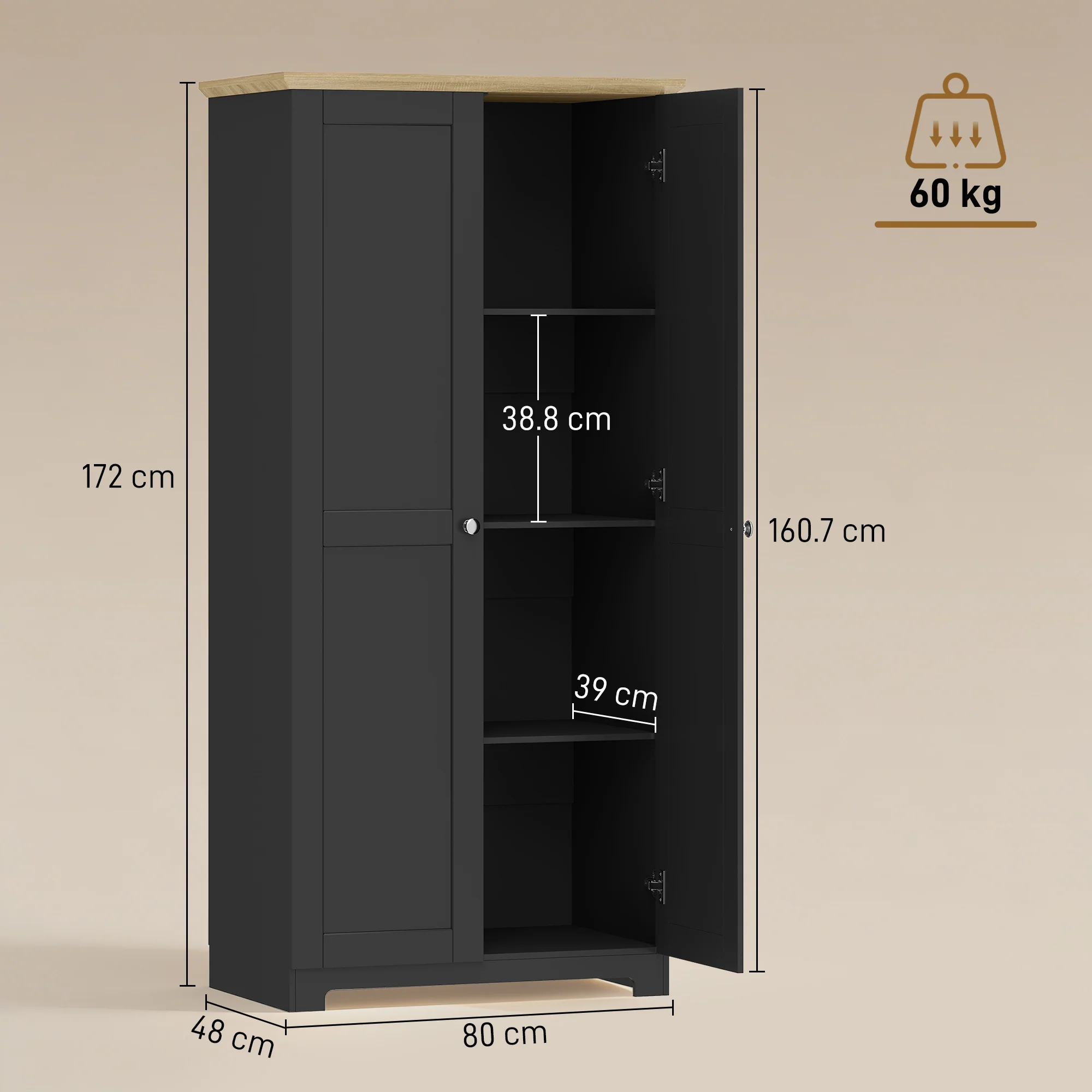 HOMCOM 172cm Wooden Storage Cabinet Cupboard With 4 Shelves Black - Image 5