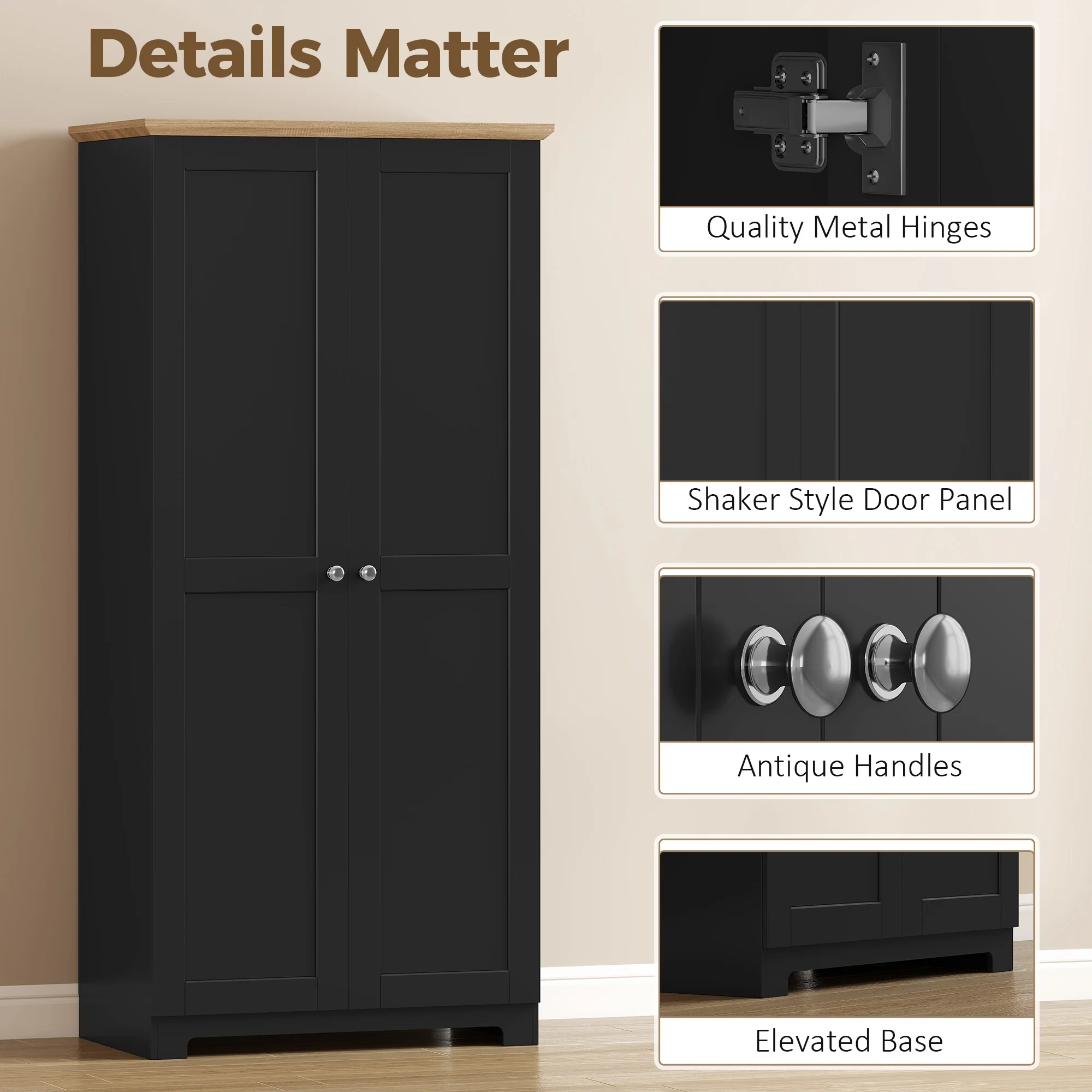 HOMCOM 172cm Wooden Storage Cabinet Cupboard With 4 Shelves Black - Image 6