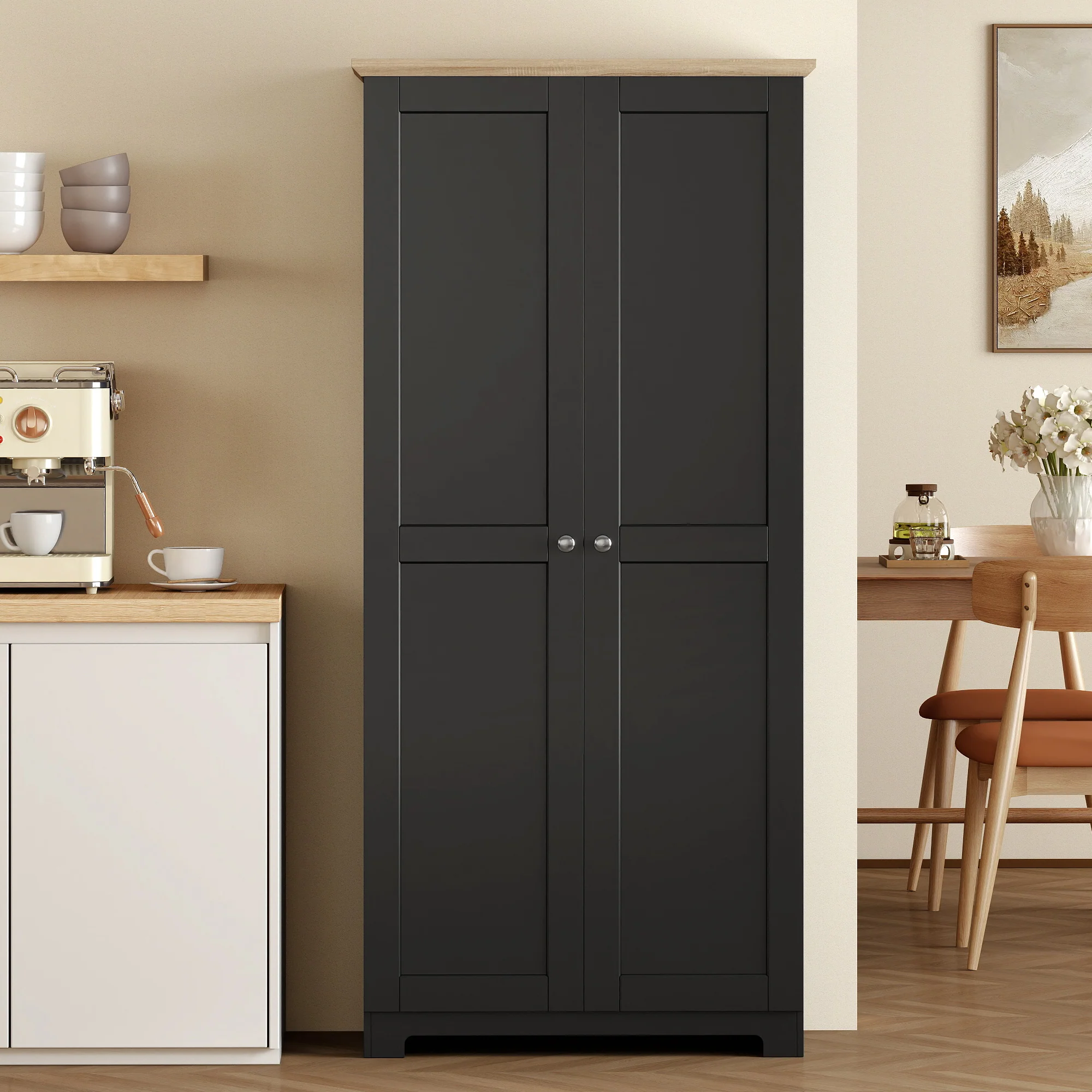 HOMCOM 172cm Wooden Storage Cabinet Cupboard With 4 Shelves Black - Image 8