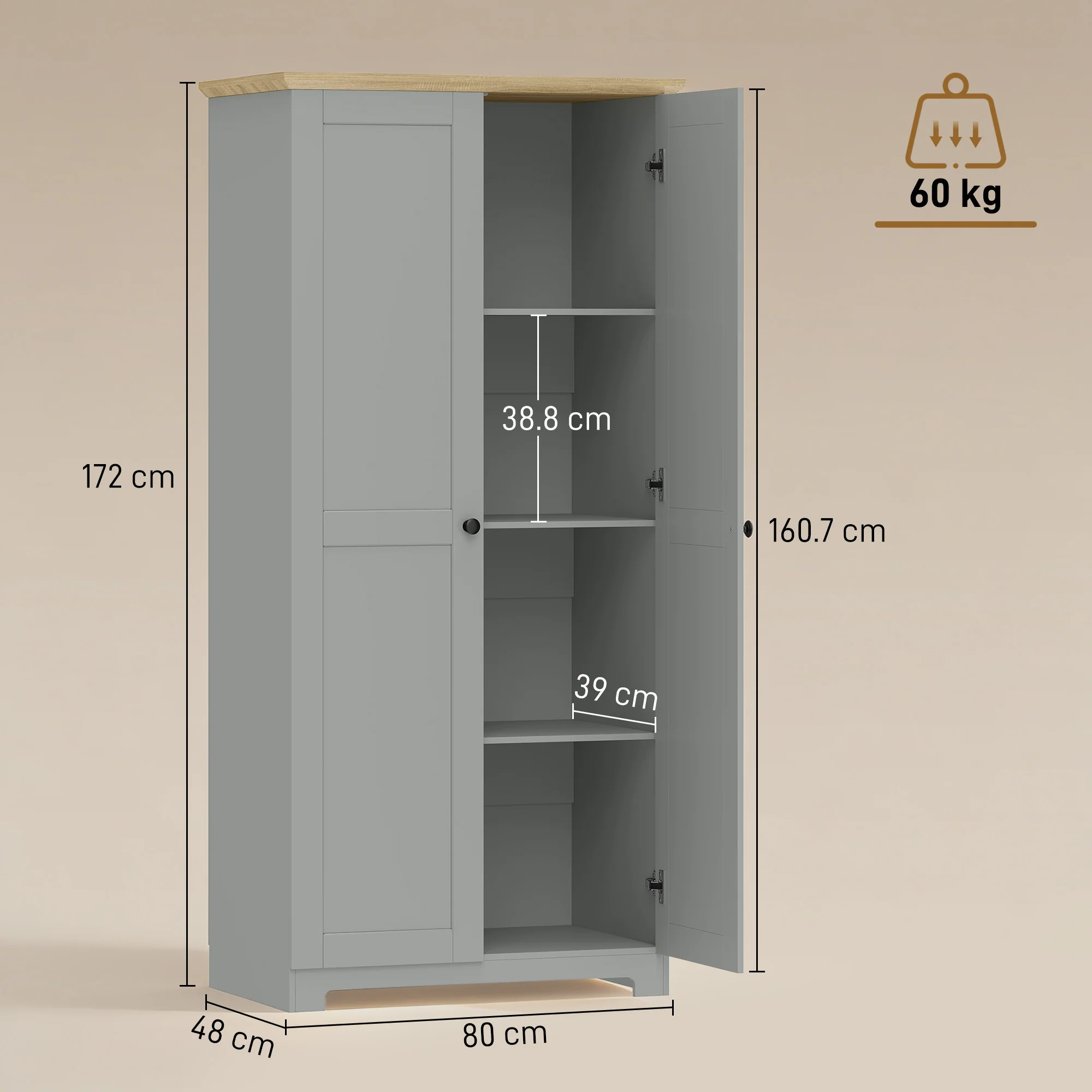 HOMCOM 172cm Wooden Storage Cabinet Cupboard With 4 Shelves Grey - Image 5