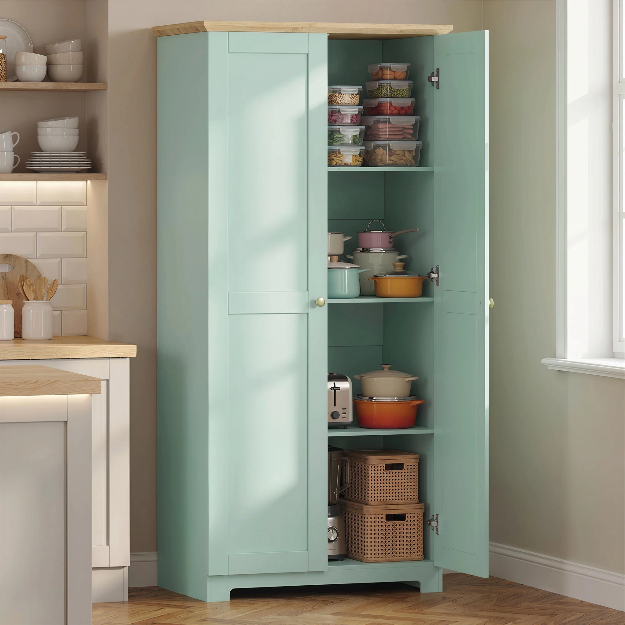 HOMCOM 172cm Wooden Storage Cabinet Cupboard With 4 Shelves Light Green - Image 2