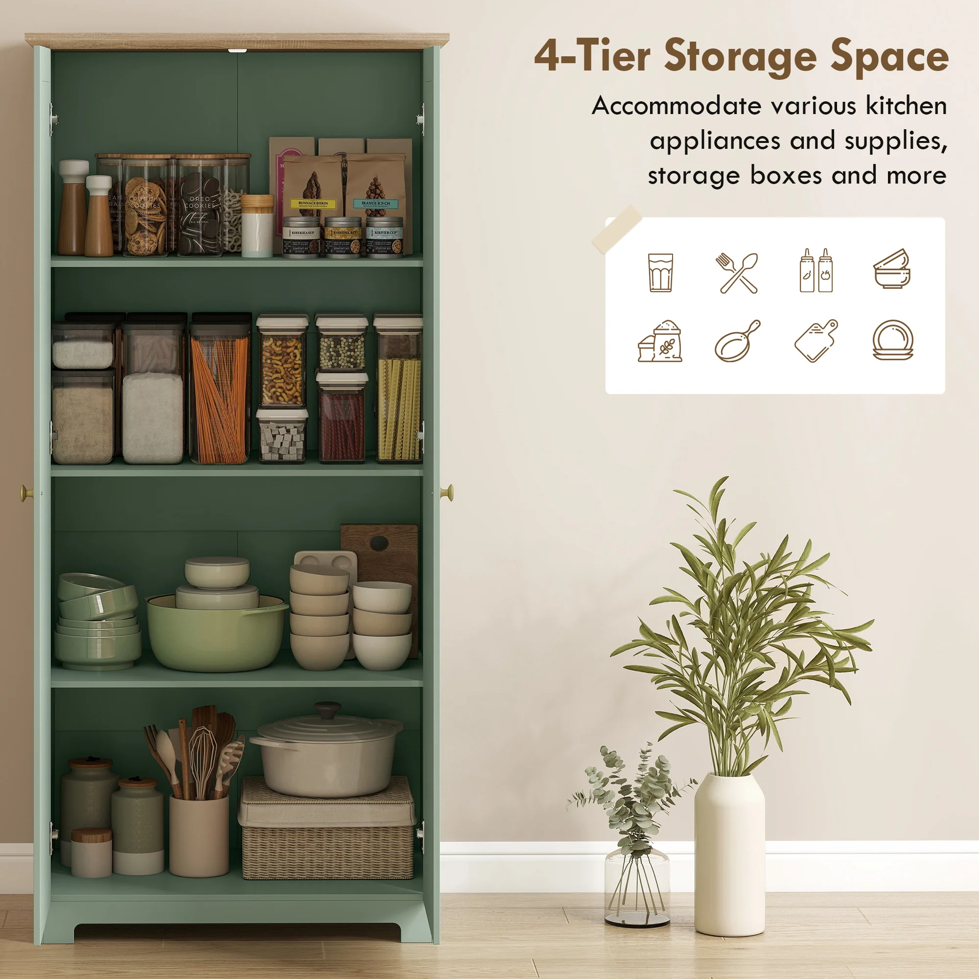 HOMCOM 172cm Wooden Storage Cabinet Cupboard With 4 Shelves Light Green - Image 3