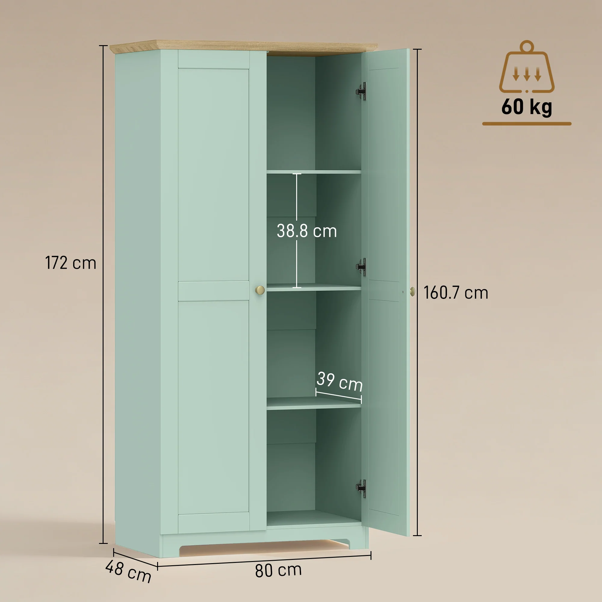 HOMCOM 172cm Wooden Storage Cabinet Cupboard With 4 Shelves Light Green - Image 5