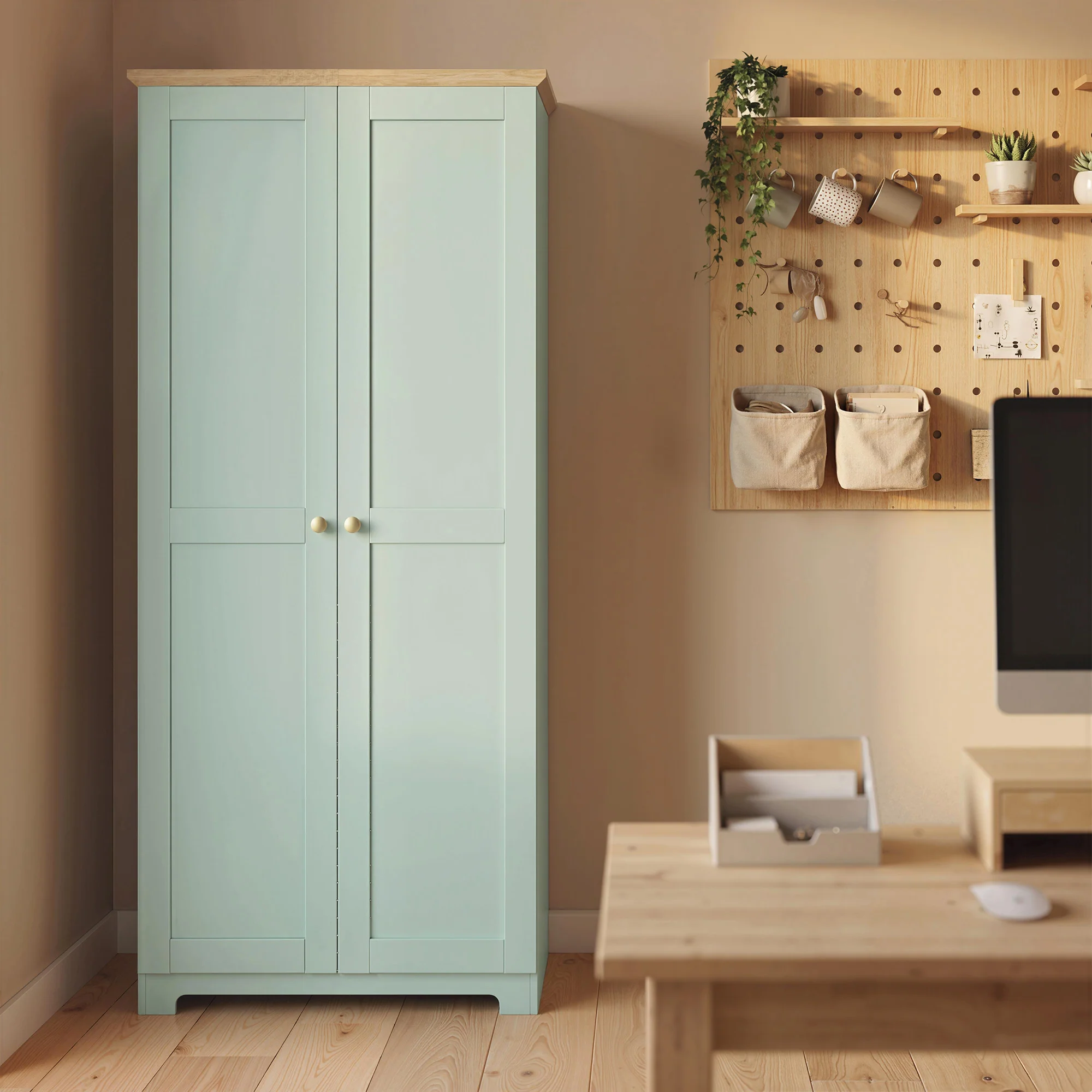 HOMCOM 172cm Wooden Storage Cabinet Cupboard With 4 Shelves Light Green - Image 9