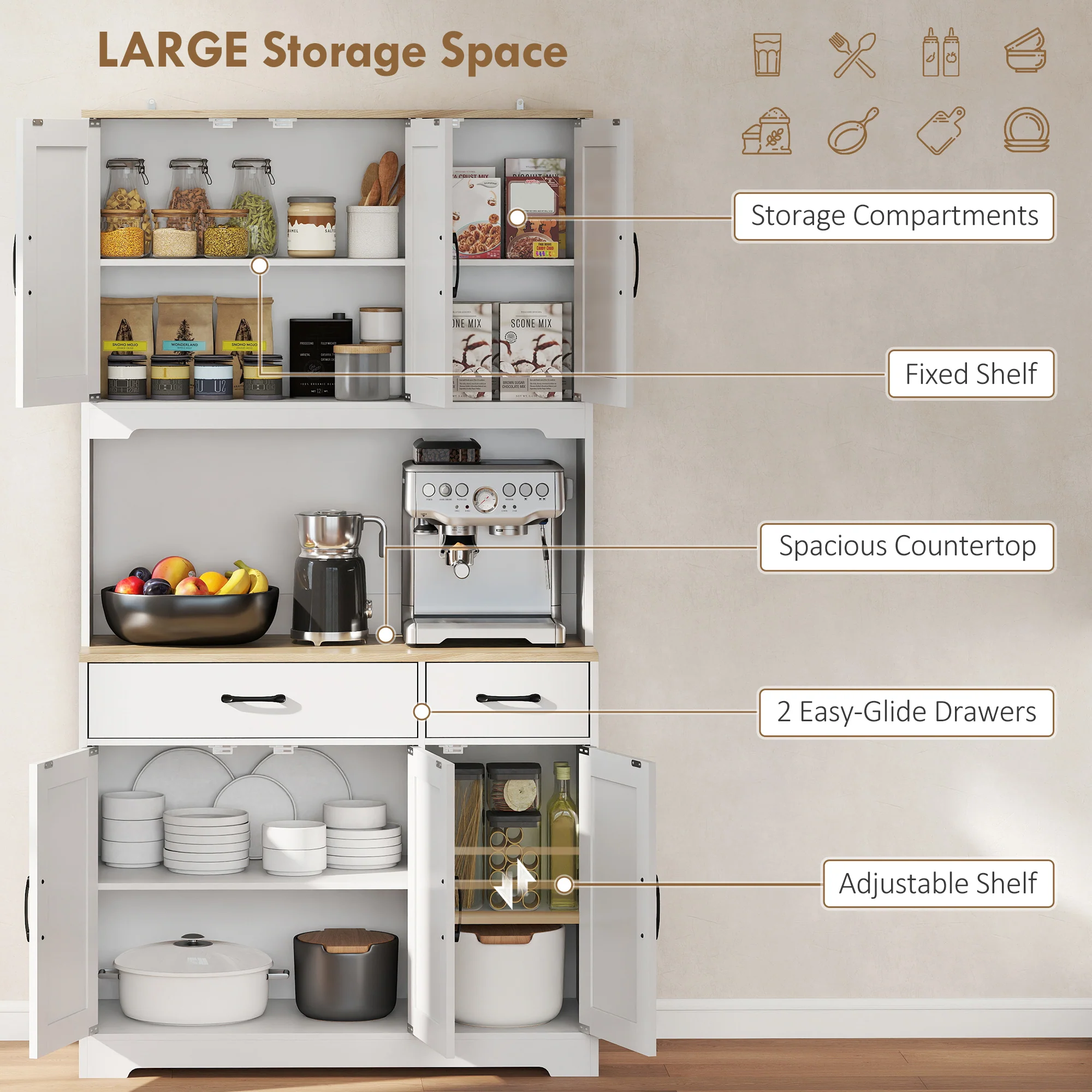 HOMCOM 175cm Tall Kitchen Pantry, Kitchen Cabinet w/ Drawers, Shelves, White - Image 4