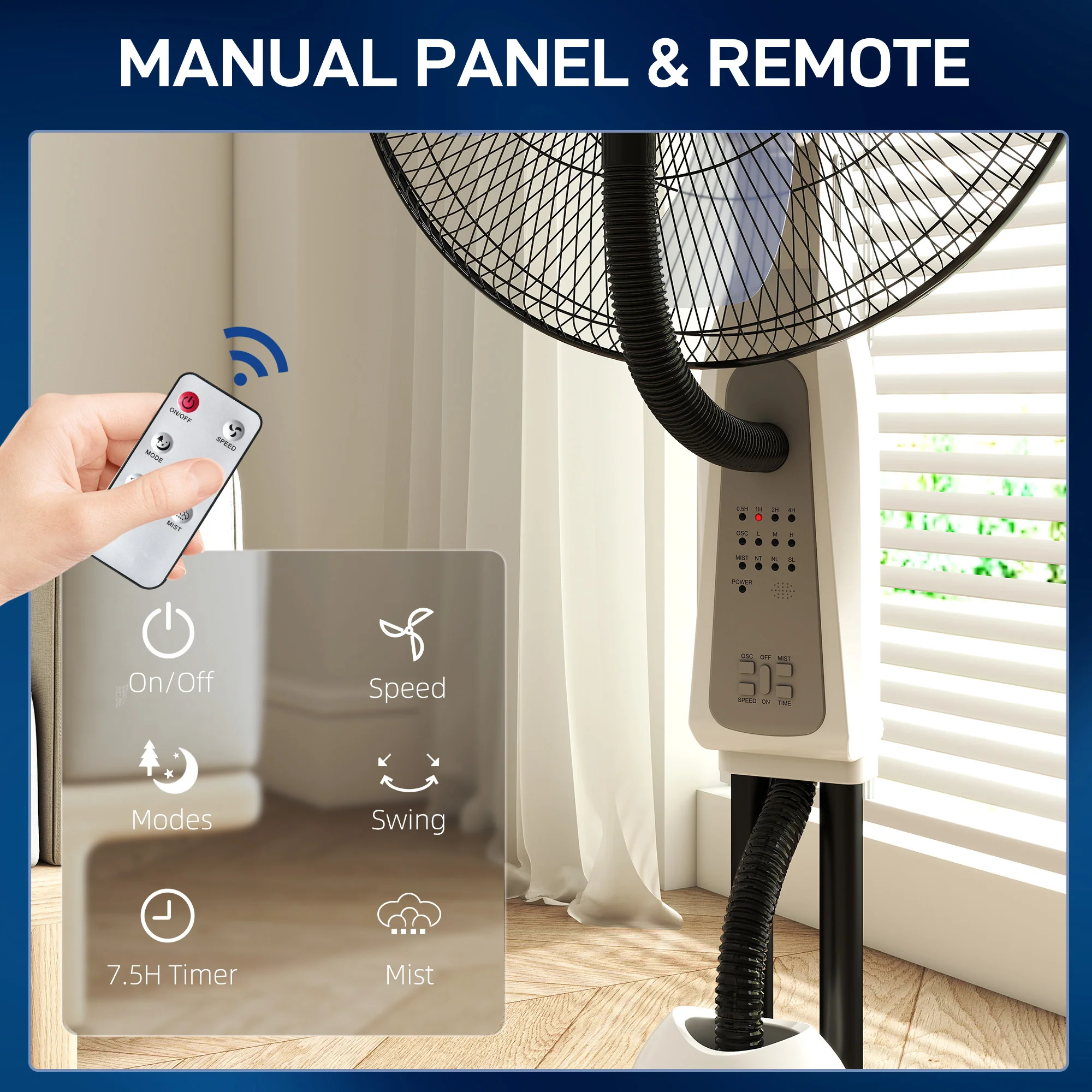 HOMCOM 18" Pedestal Fan With Water Mist Spray Standing Fan, 2.8L Tank, White - Image 4