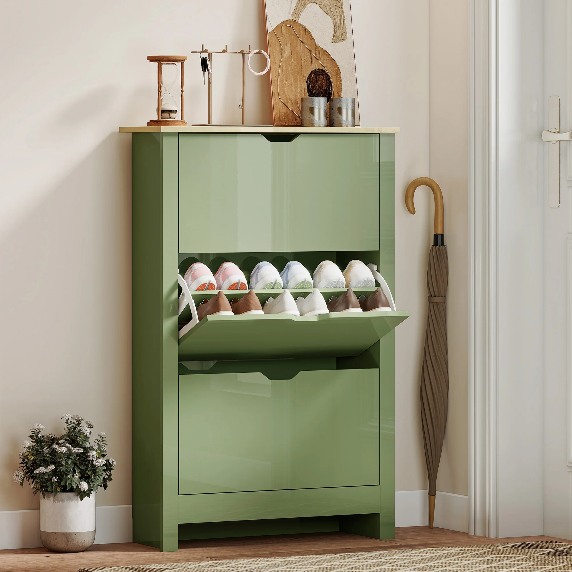 HOMCOM 18-Shoe Storage Cabinet 6 Shelves 3 Drawers Tabletop High Gloss Green - Image 2