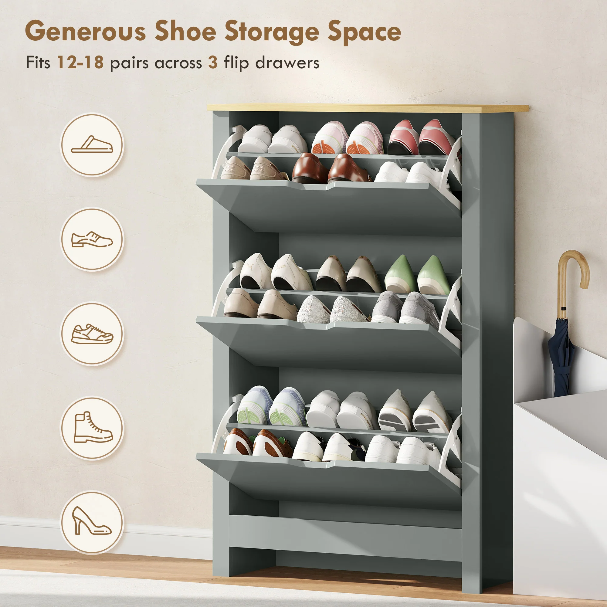 HOMCOM 18-Shoe Storage Cabinet 6 Shelves 3 Drawers Tabletop Light Grey - Image 4