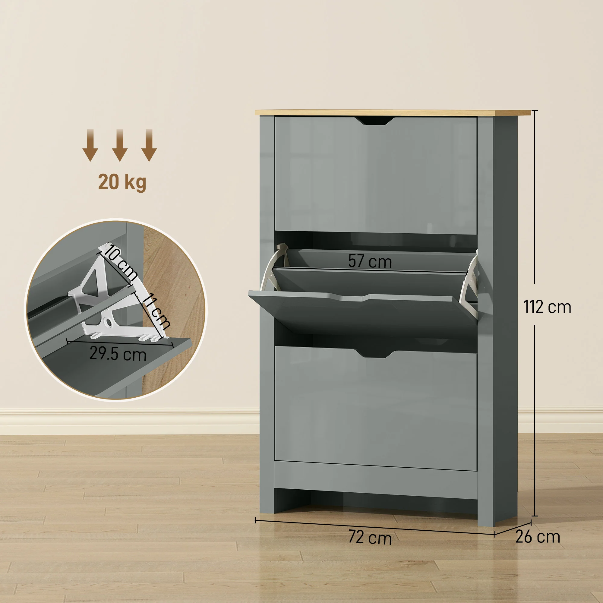 HOMCOM 18-Shoe Storage Cabinet 6 Shelves 3 Drawers Tabletop Light Grey - Image 5