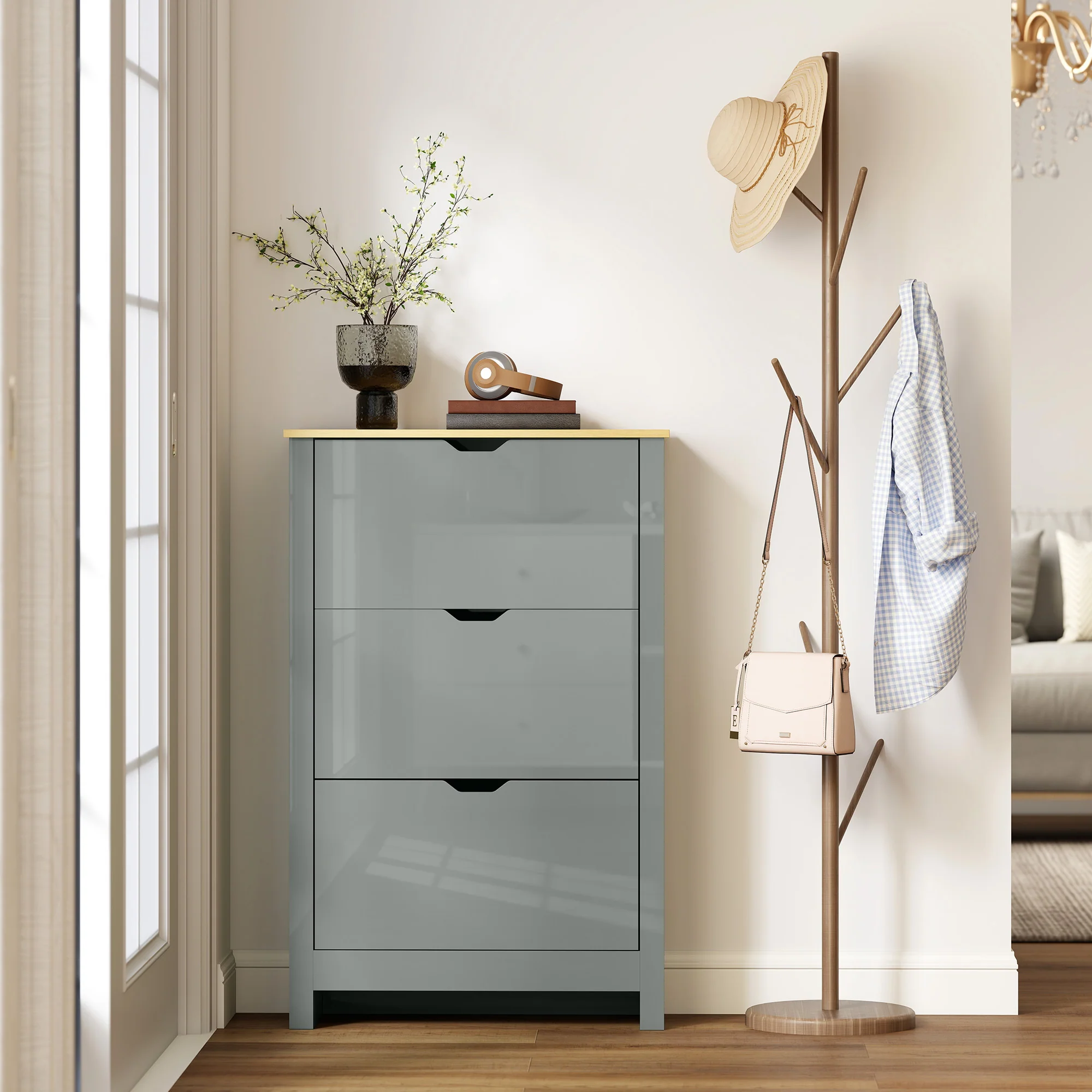 HOMCOM 18-Shoe Storage Cabinet 6 Shelves 3 Drawers Tabletop Light Grey - Image 9