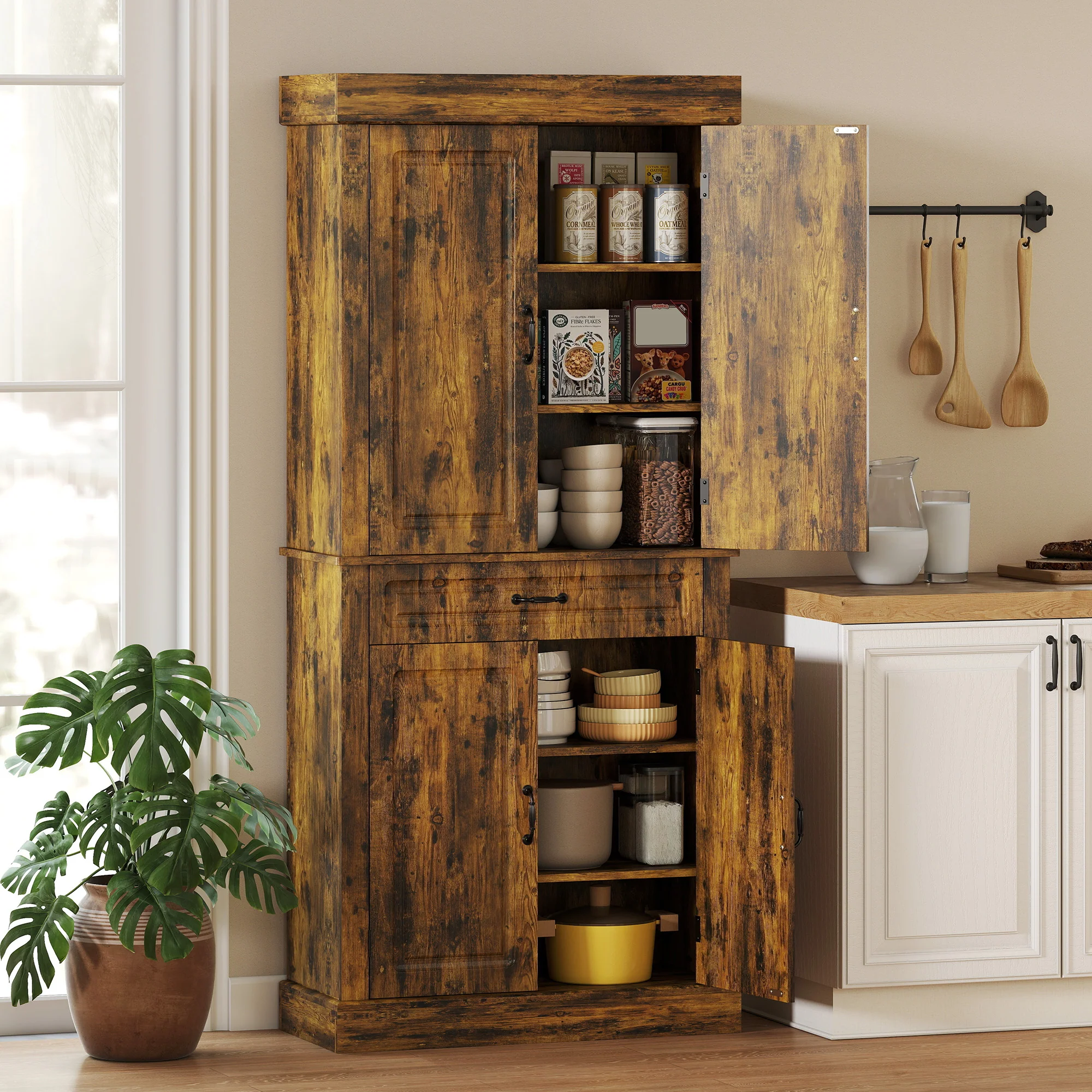 HOMCOM 180cm Kitchen Pantry, KitchenStorage Cabinet with Shelves, Brown - Image 2