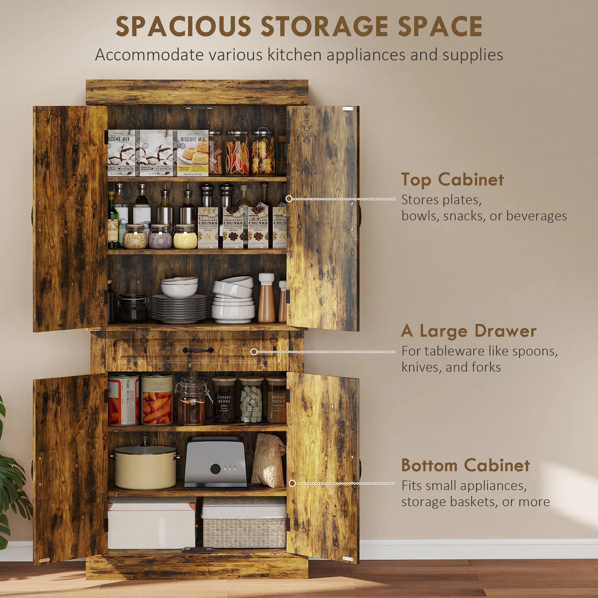 HOMCOM 180cm Kitchen Pantry, KitchenStorage Cabinet with Shelves, Brown - Image 3