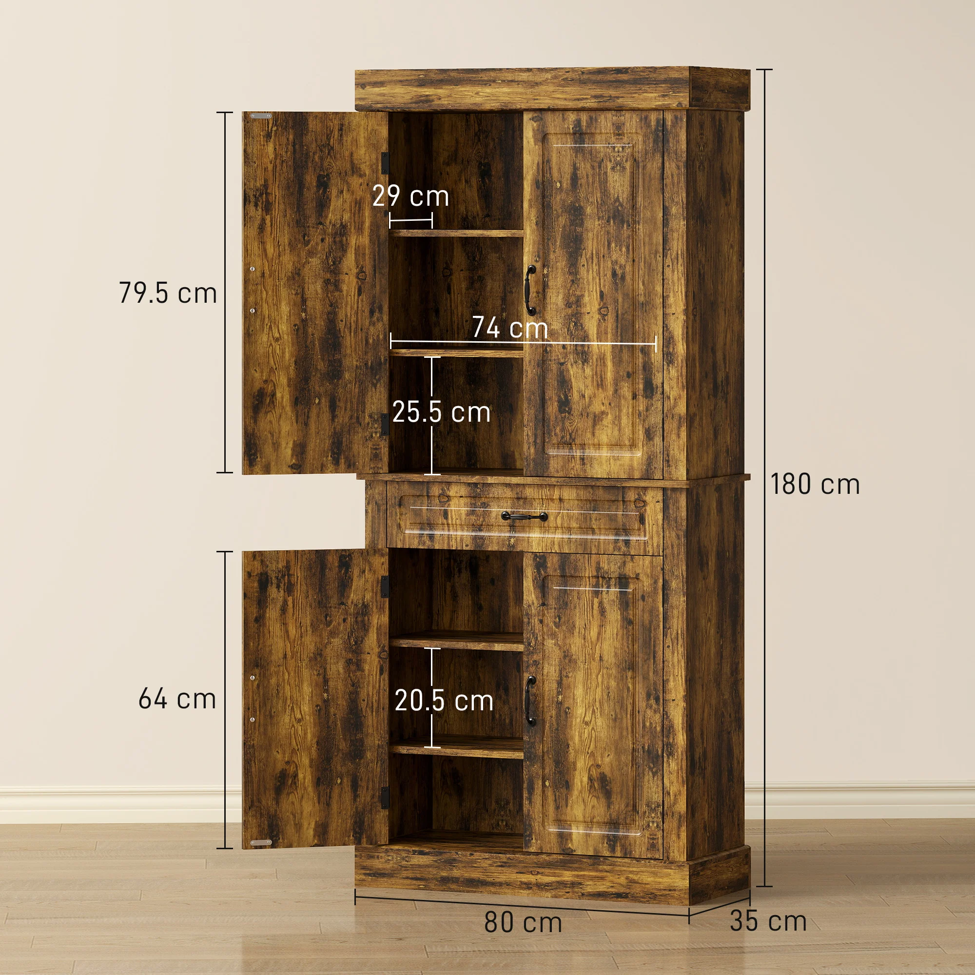 HOMCOM 180cm Kitchen Pantry, KitchenStorage Cabinet with Shelves, Brown - Image 5