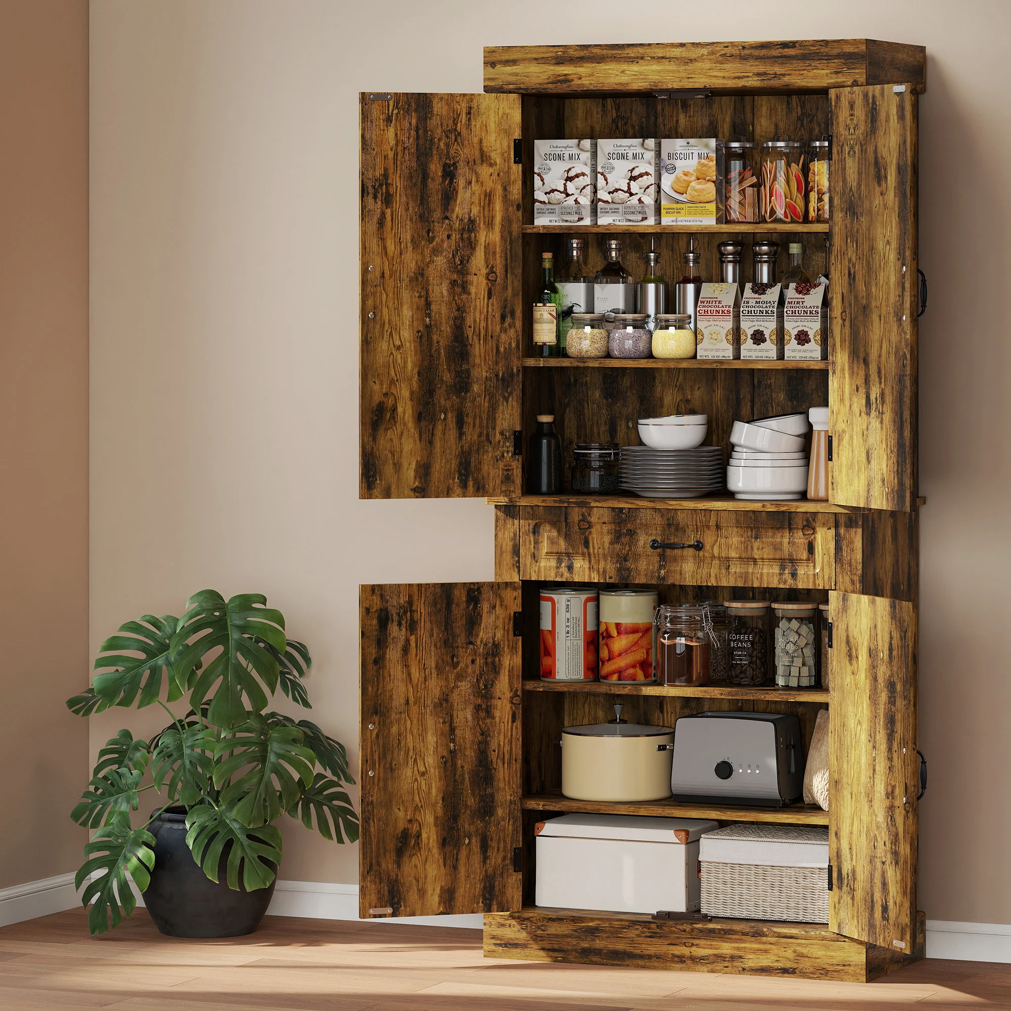 HOMCOM 180cm Kitchen Pantry, KitchenStorage Cabinet with Shelves, Brown - Image 7