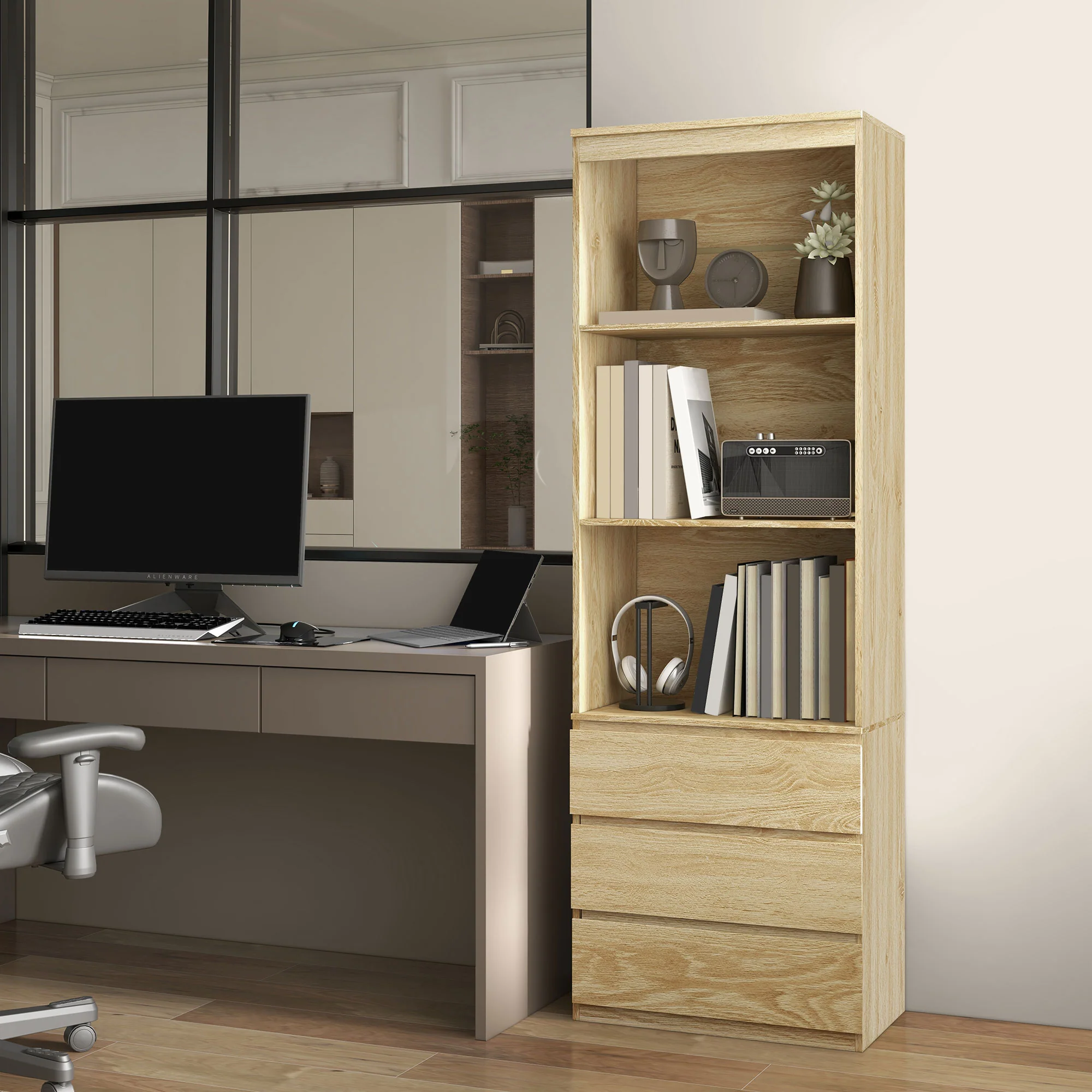 HOMCOM 180cm Tall Bookshelf Free Standing Storage Shelf Unit With Storage White And Oak - Image 14