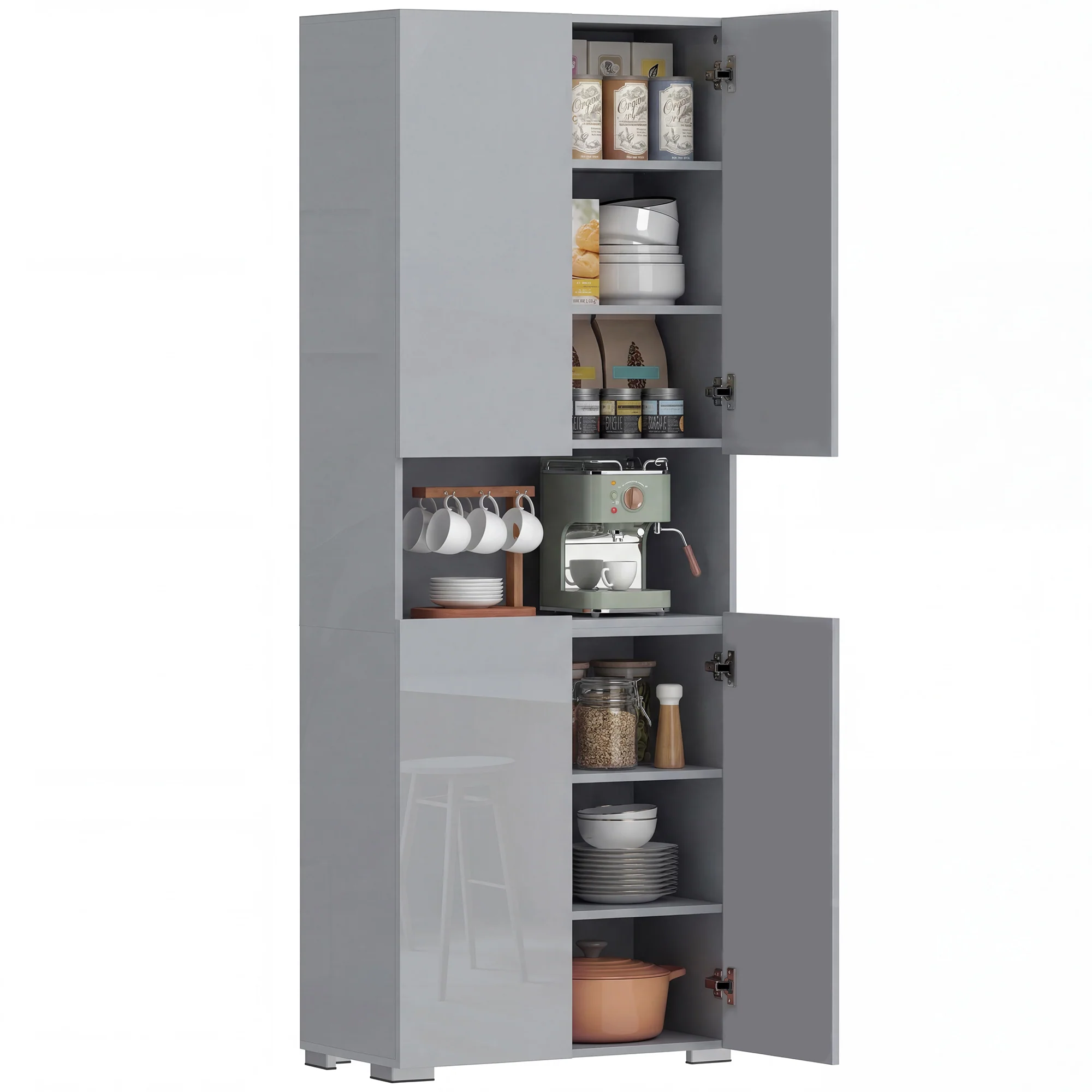 HOMCOM 180cm Tall Kitchen Cupboard, Pantry Storage Cabinet, High Gloss Grey