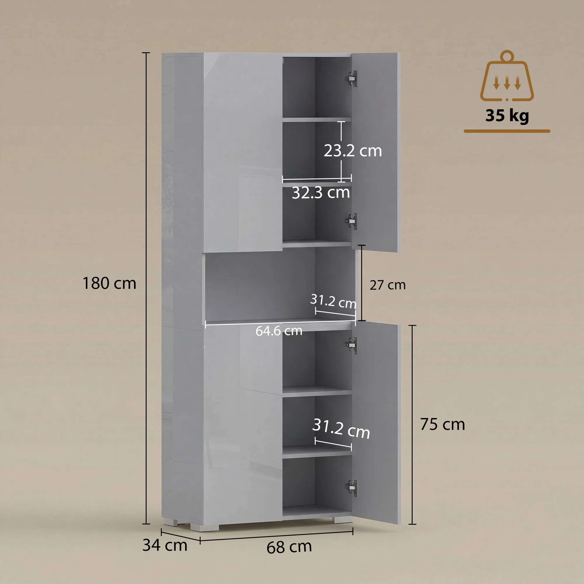 HOMCOM 180cm Tall Kitchen Cupboard, Pantry Storage Cabinet, High Gloss Grey - Image 5