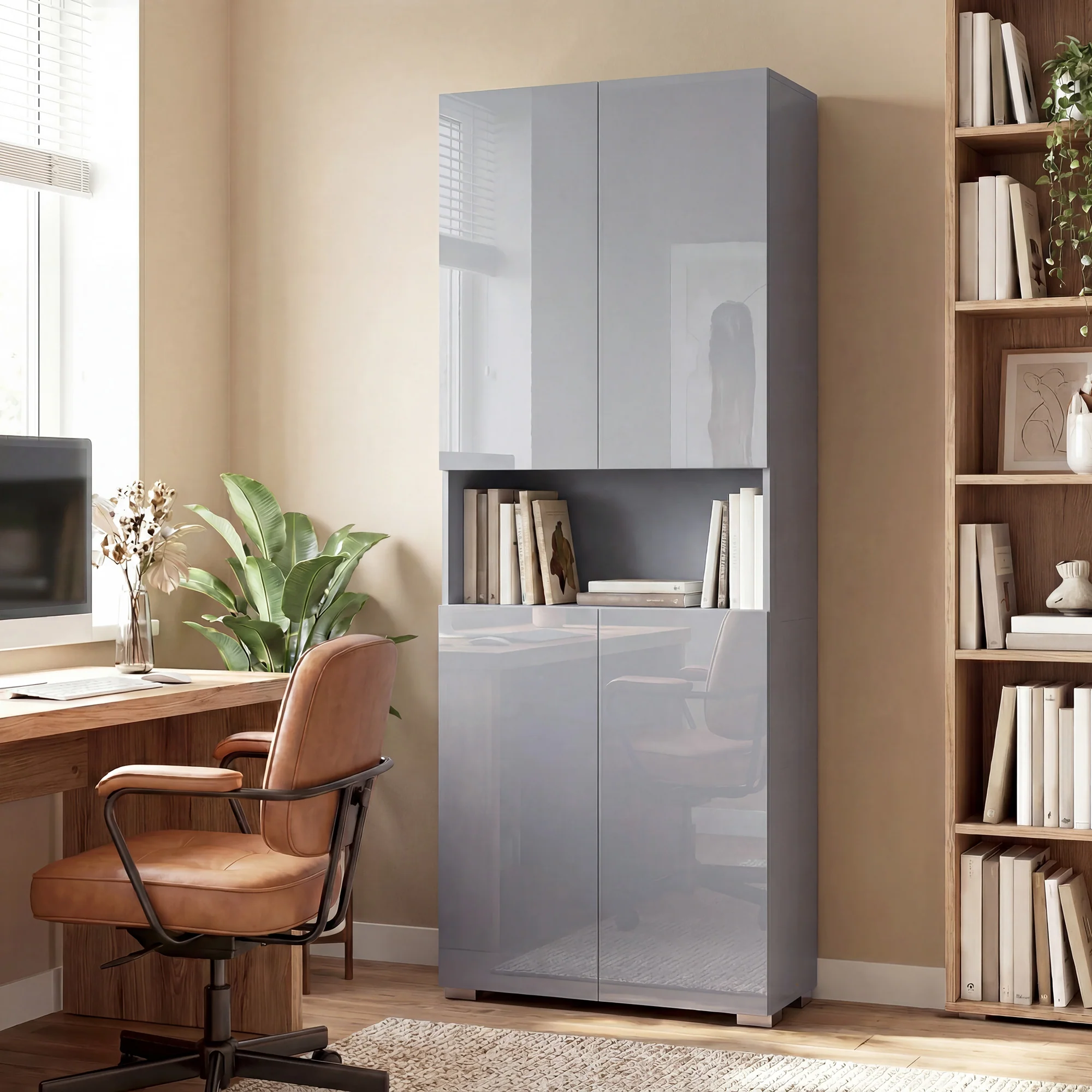 HOMCOM 180cm Tall Kitchen Cupboard, Pantry Storage Cabinet, High Gloss Grey - Image 9