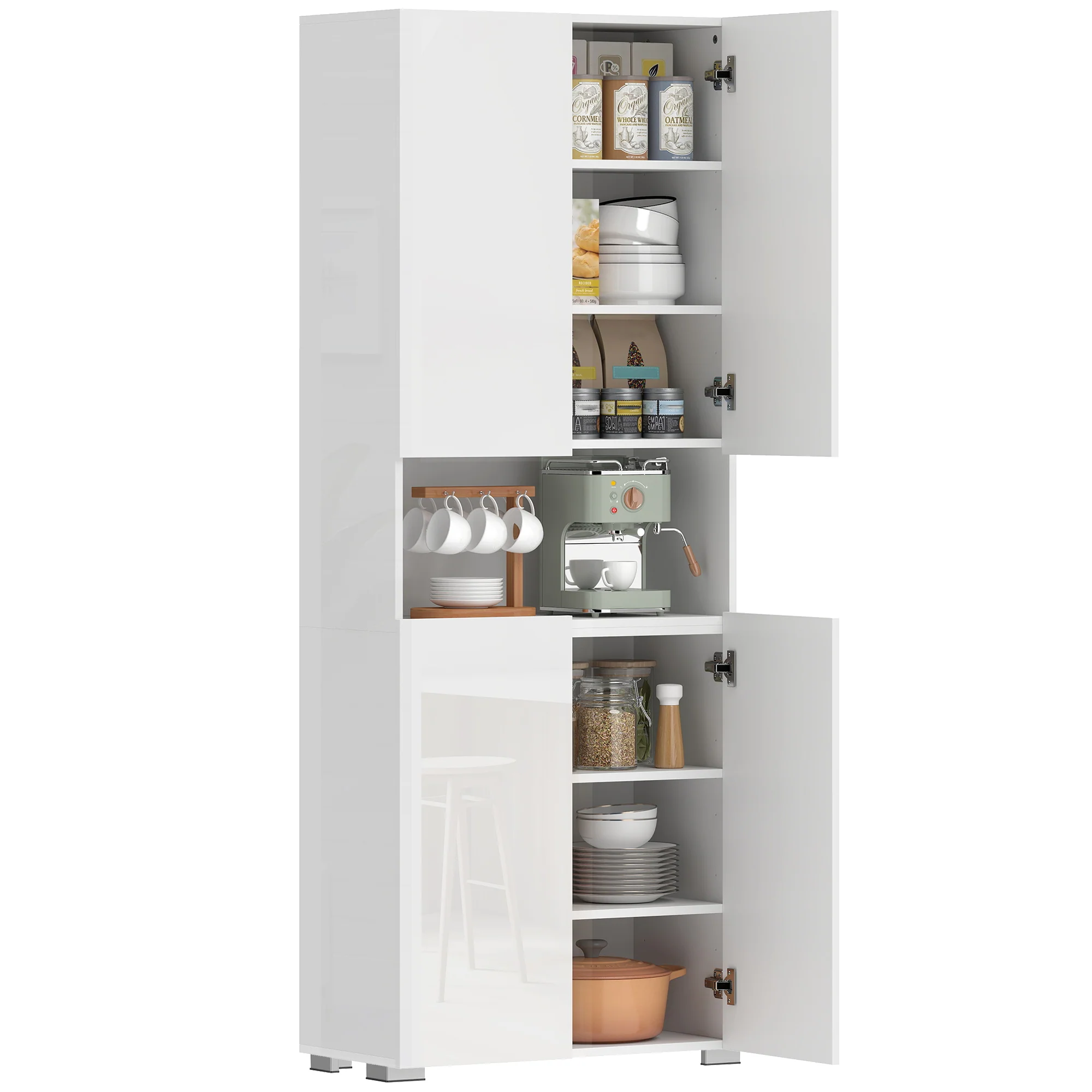 HOMCOM 180cm Tall Kitchen Cupboard, Pantry Storage Cabinet, High Gloss White