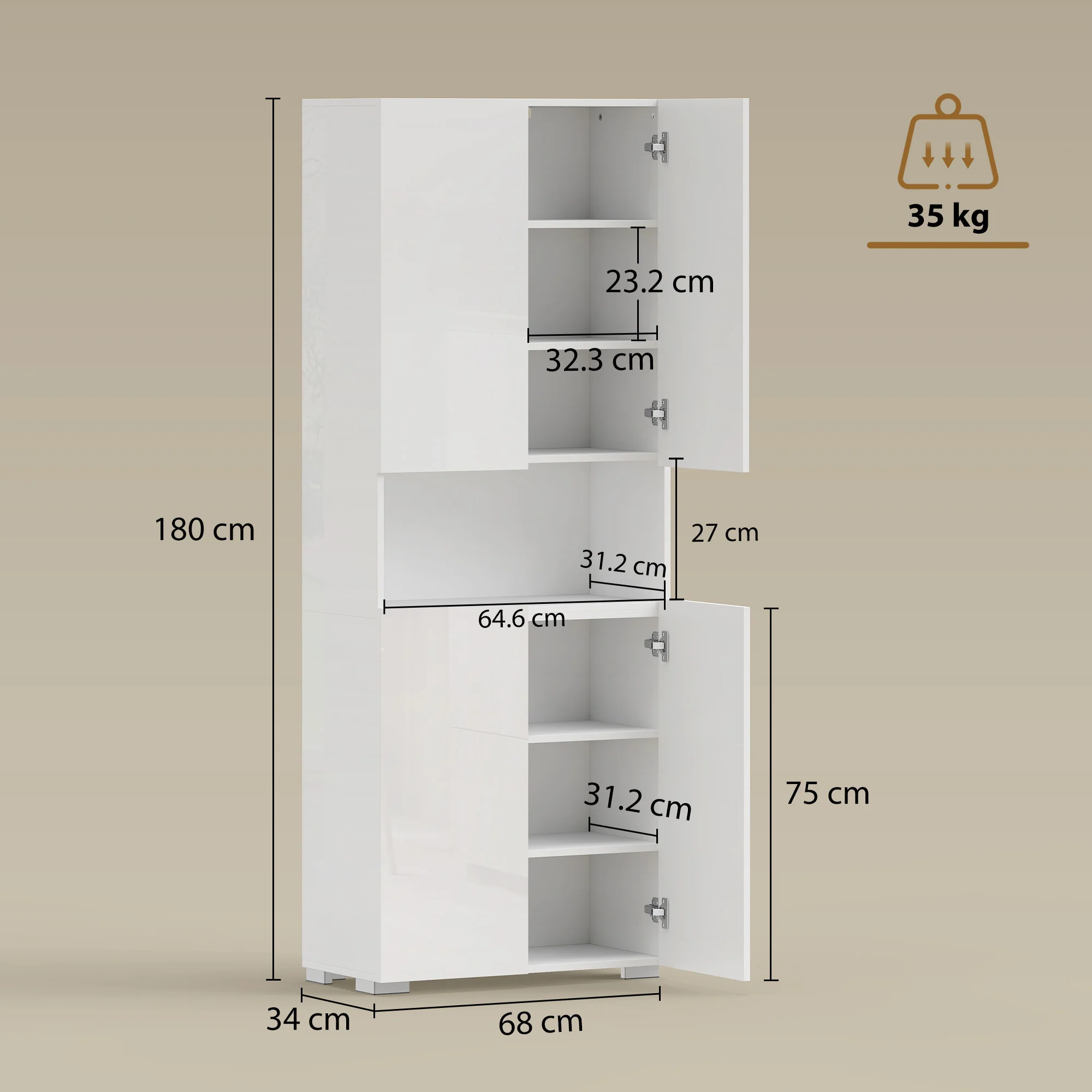 HOMCOM 180cm Tall Kitchen Cupboard, Pantry Storage Cabinet, High Gloss White - Image 5