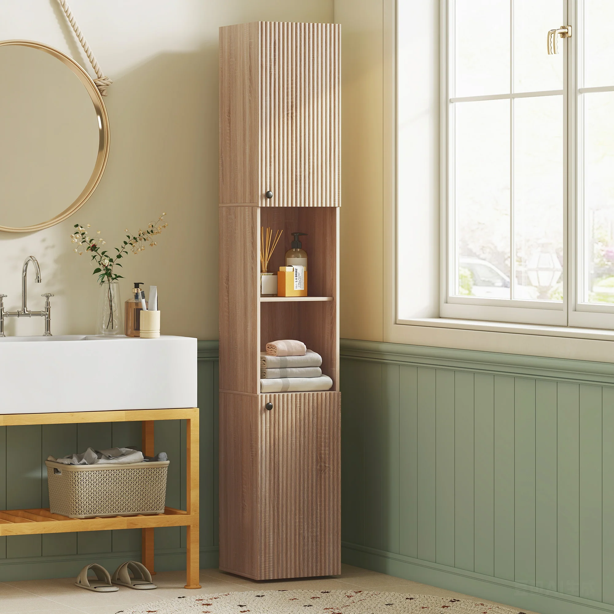 HOMCOM 182 cm Tall Bathroom Cabinet with Adjustable Shelves, Natural - Image 2