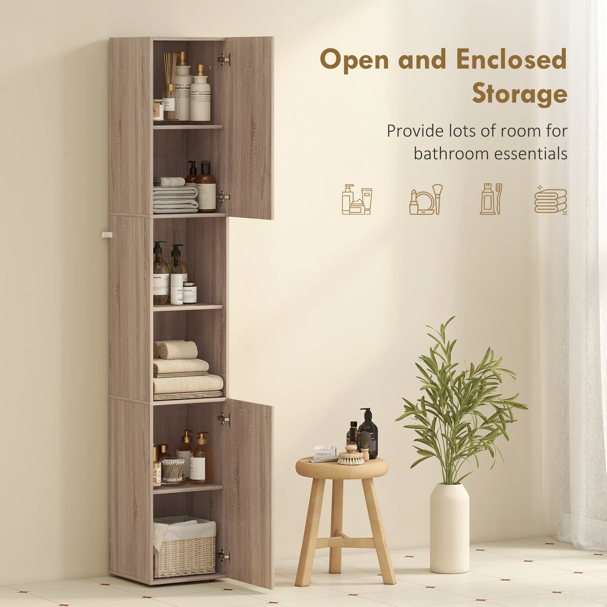 HOMCOM 182 cm Tall Bathroom Cabinet with Adjustable Shelves, Natural - Image 3