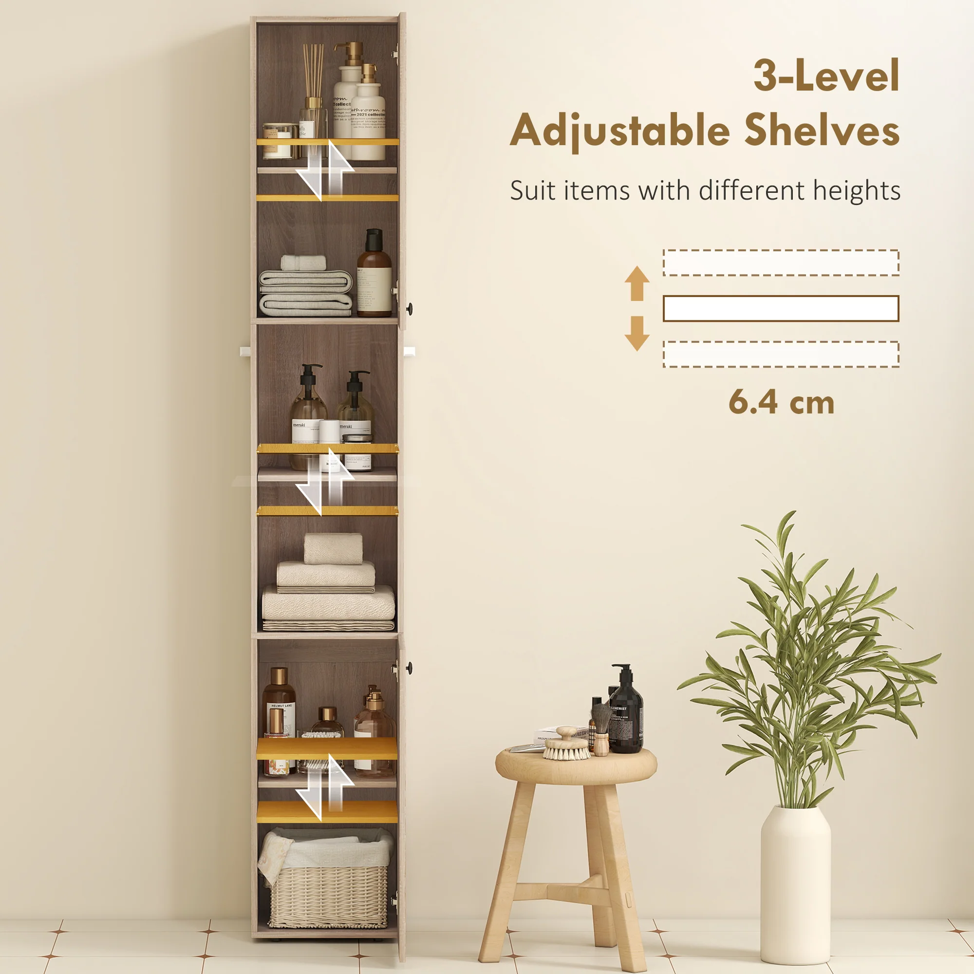 HOMCOM 182 cm Tall Bathroom Cabinet with Adjustable Shelves, Natural - Image 4
