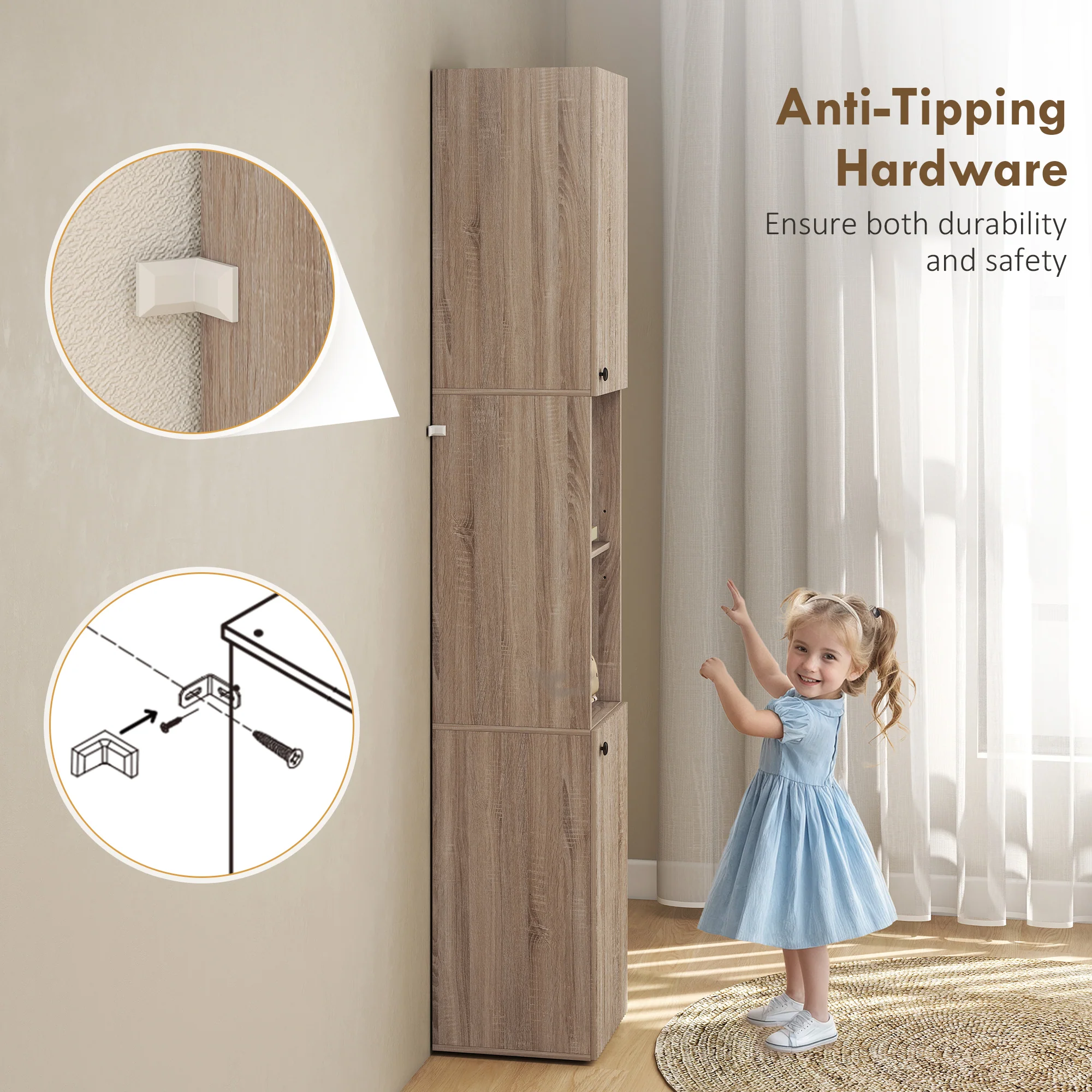 HOMCOM 182 cm Tall Bathroom Cabinet with Adjustable Shelves, Natural - Image 6