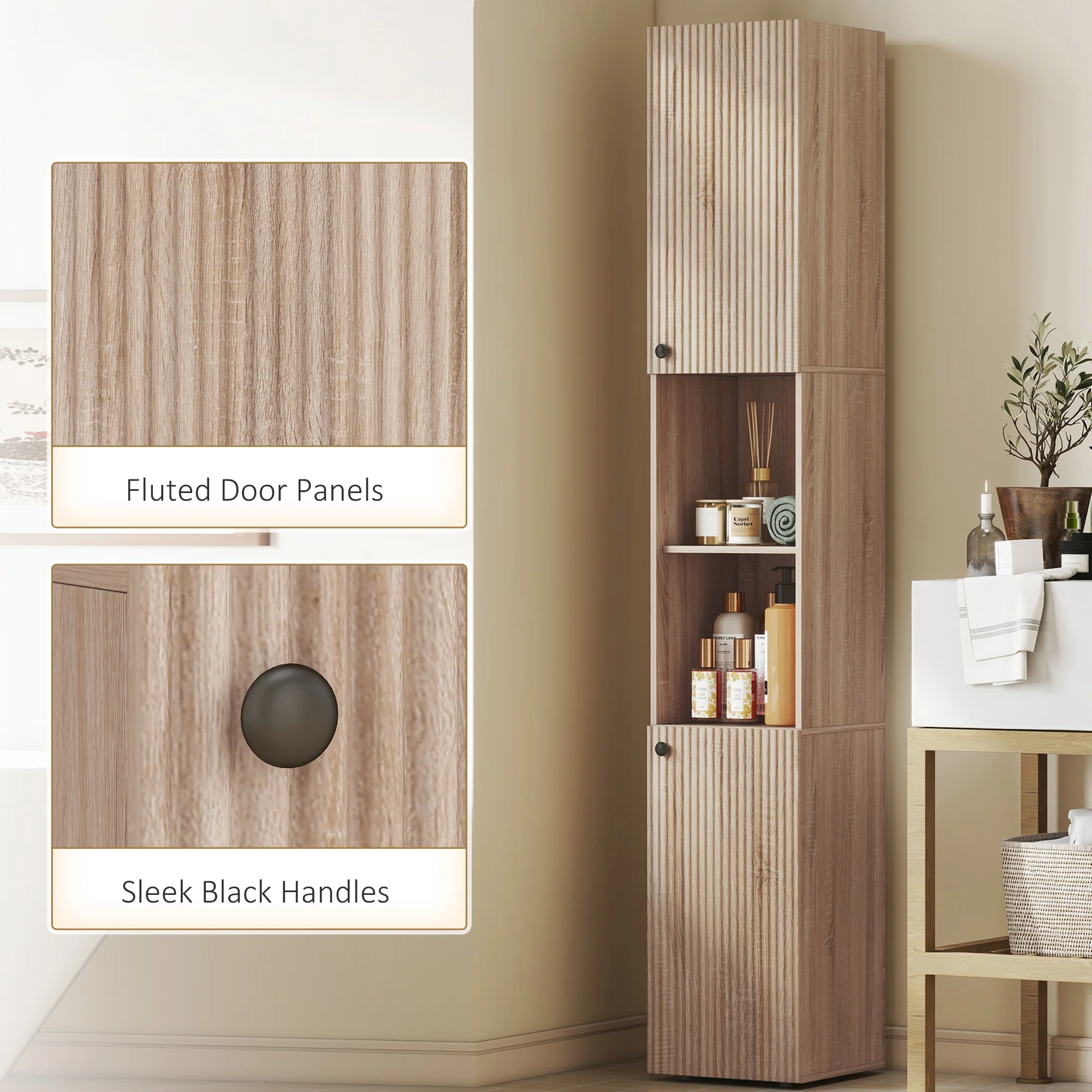 HOMCOM 182 cm Tall Bathroom Cabinet with Adjustable Shelves, Natural - Image 7