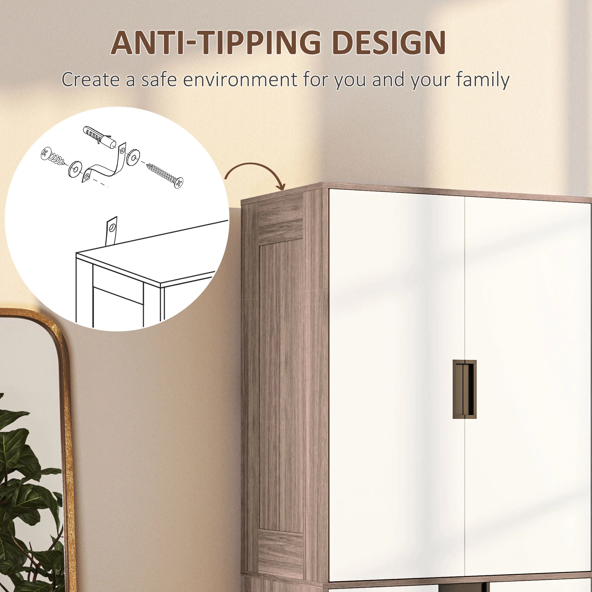 HOMCOM 2 Door Wardrobe Brown Wardrobe With 3 Drawer And Hanging Rod Brown - Image 6
