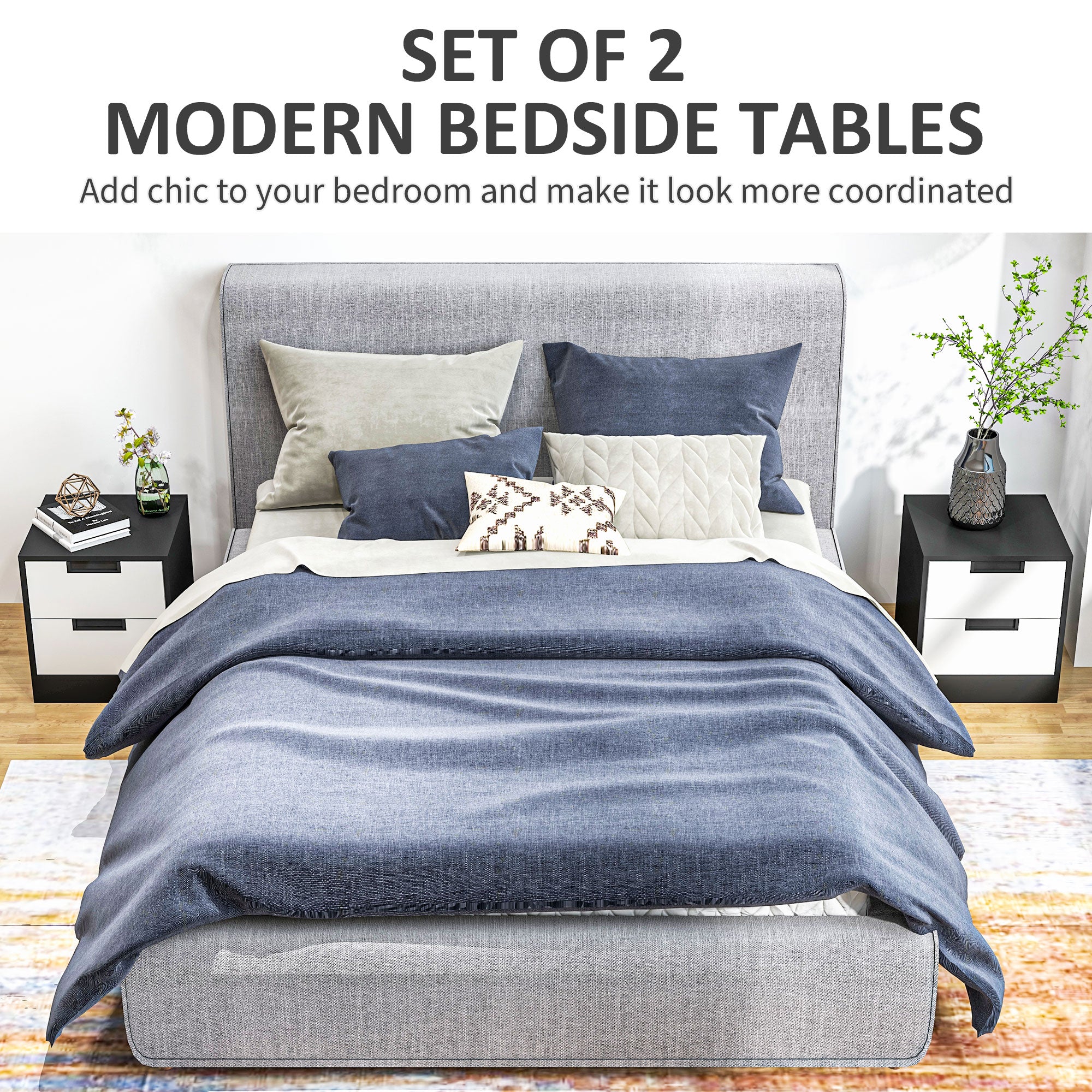 HOMCOM 2 Drawer Bedside Tables Set Of 2 With Storage Nightstands For Bedroom - Image 3