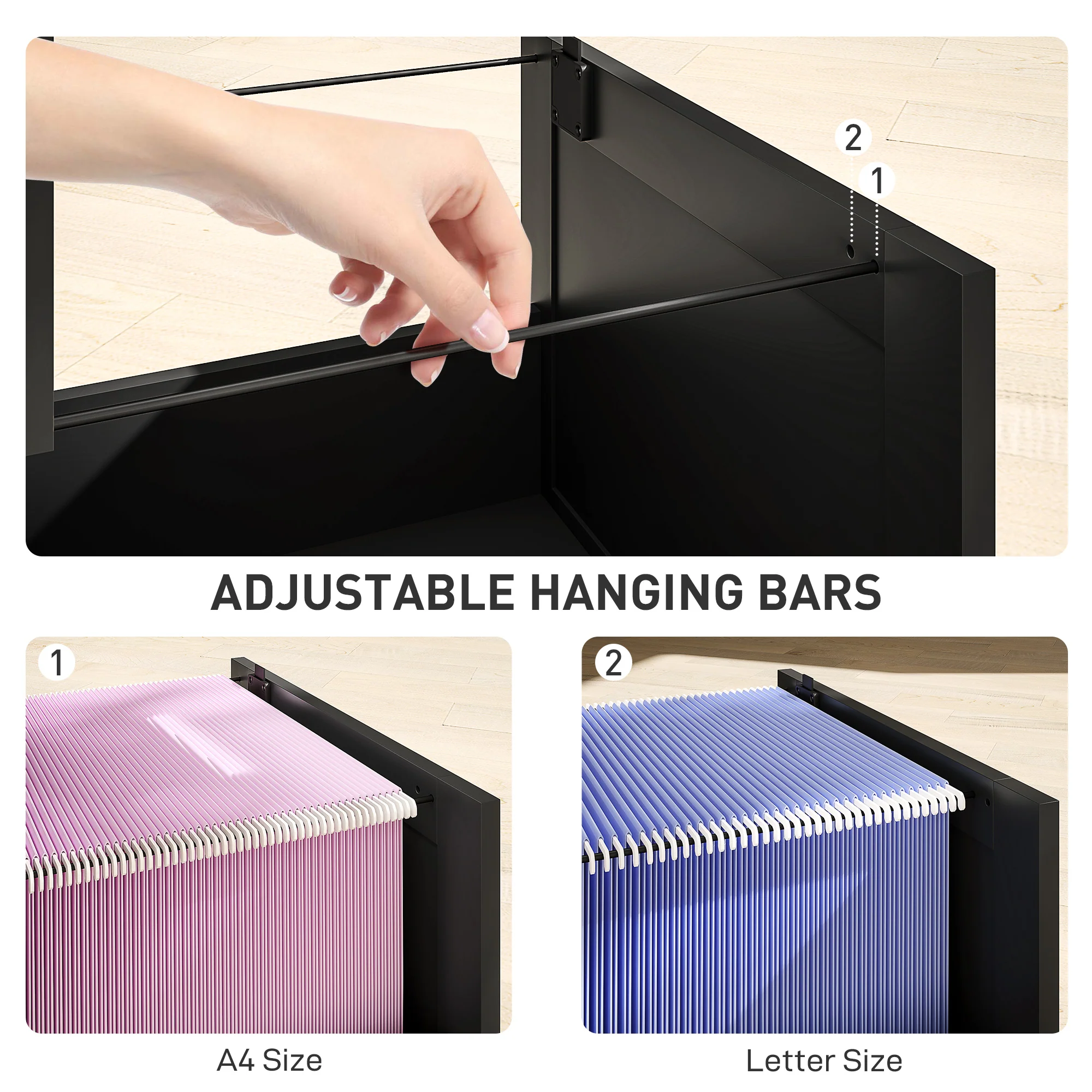 HOMCOM 2 Drawer File Cabinet With Lock And Adjustable Hanging Bars, Black - Image 5