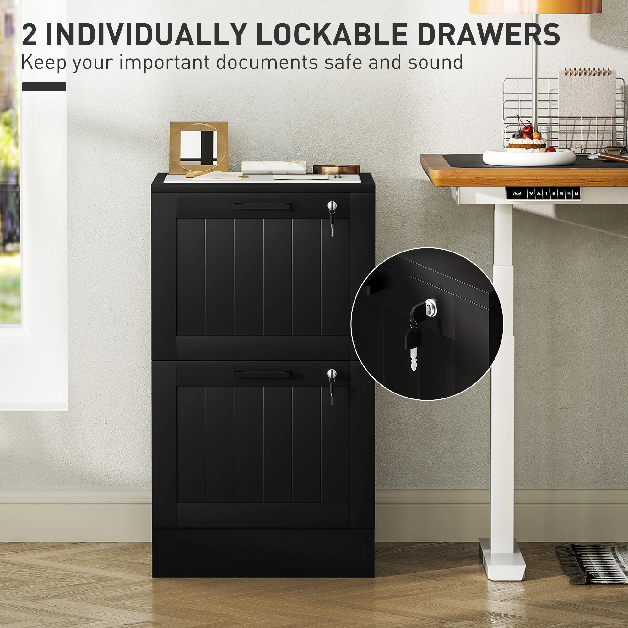 HOMCOM 2 Drawer File Cabinet With Lock And Adjustable Hanging Bars, Black - Image 6