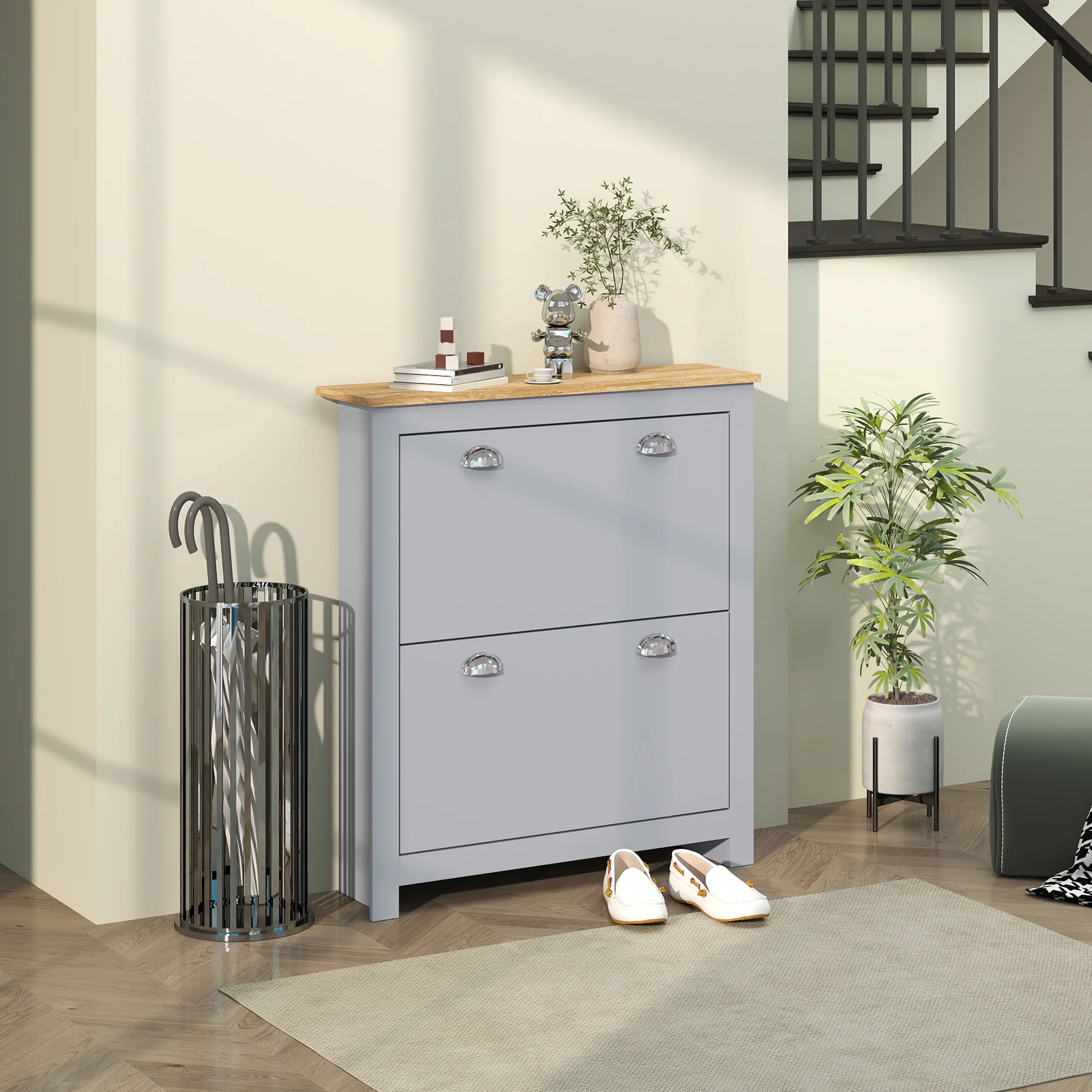 HOMCOM 2 Drawer Shoe Cabinet Narrow Shoe Cupboard with Flip Doors, Grey - Image 2