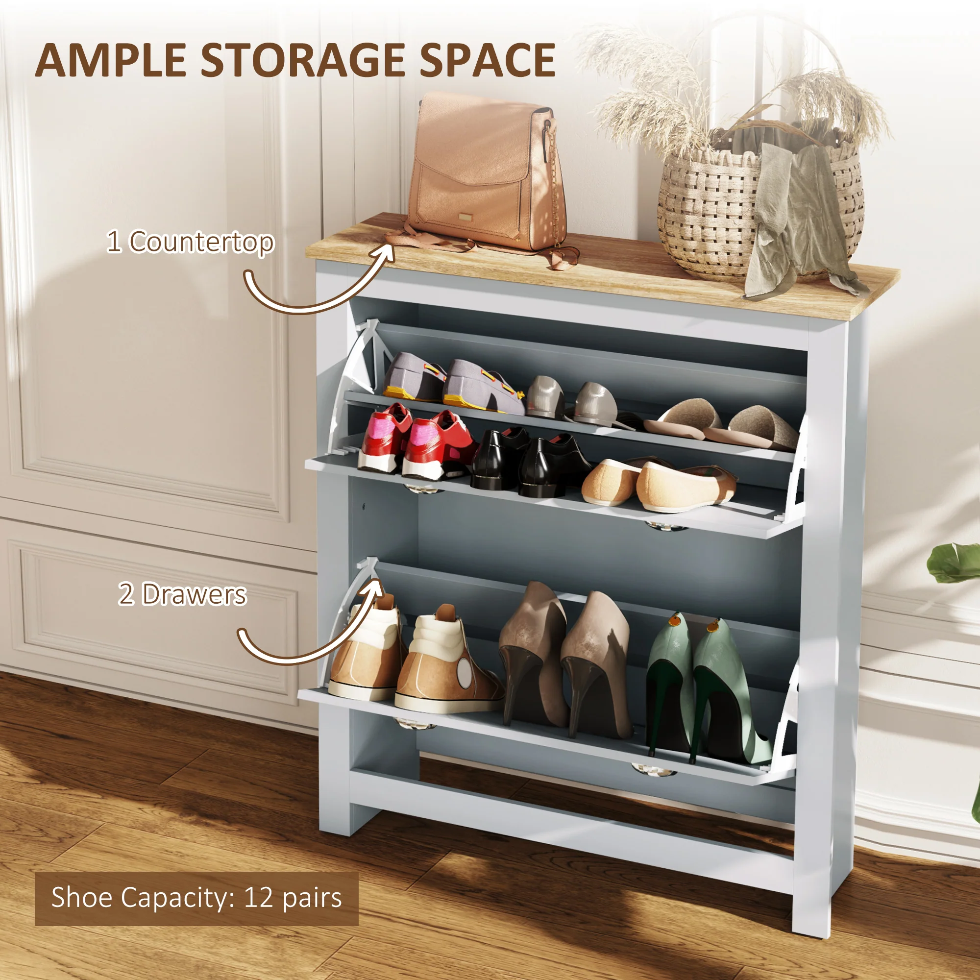 HOMCOM 2 Drawer Shoe Cabinet Narrow Shoe Cupboard with Flip Doors, Grey - Image 4