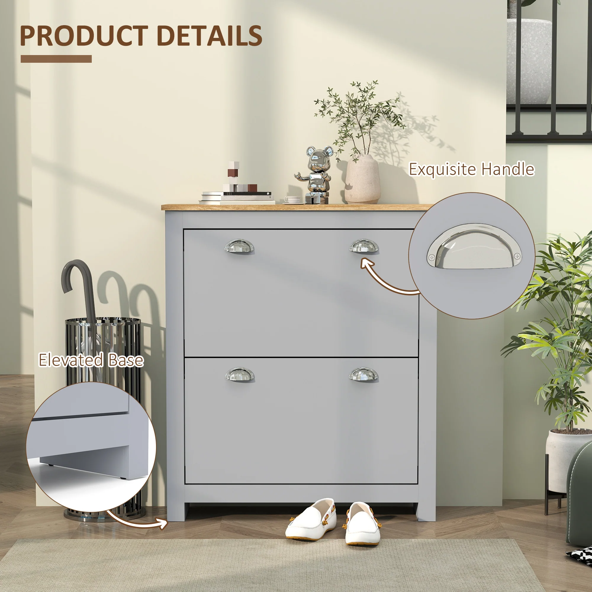 HOMCOM 2 Drawer Shoe Cabinet Narrow Shoe Cupboard with Flip Doors, Grey - Image 6