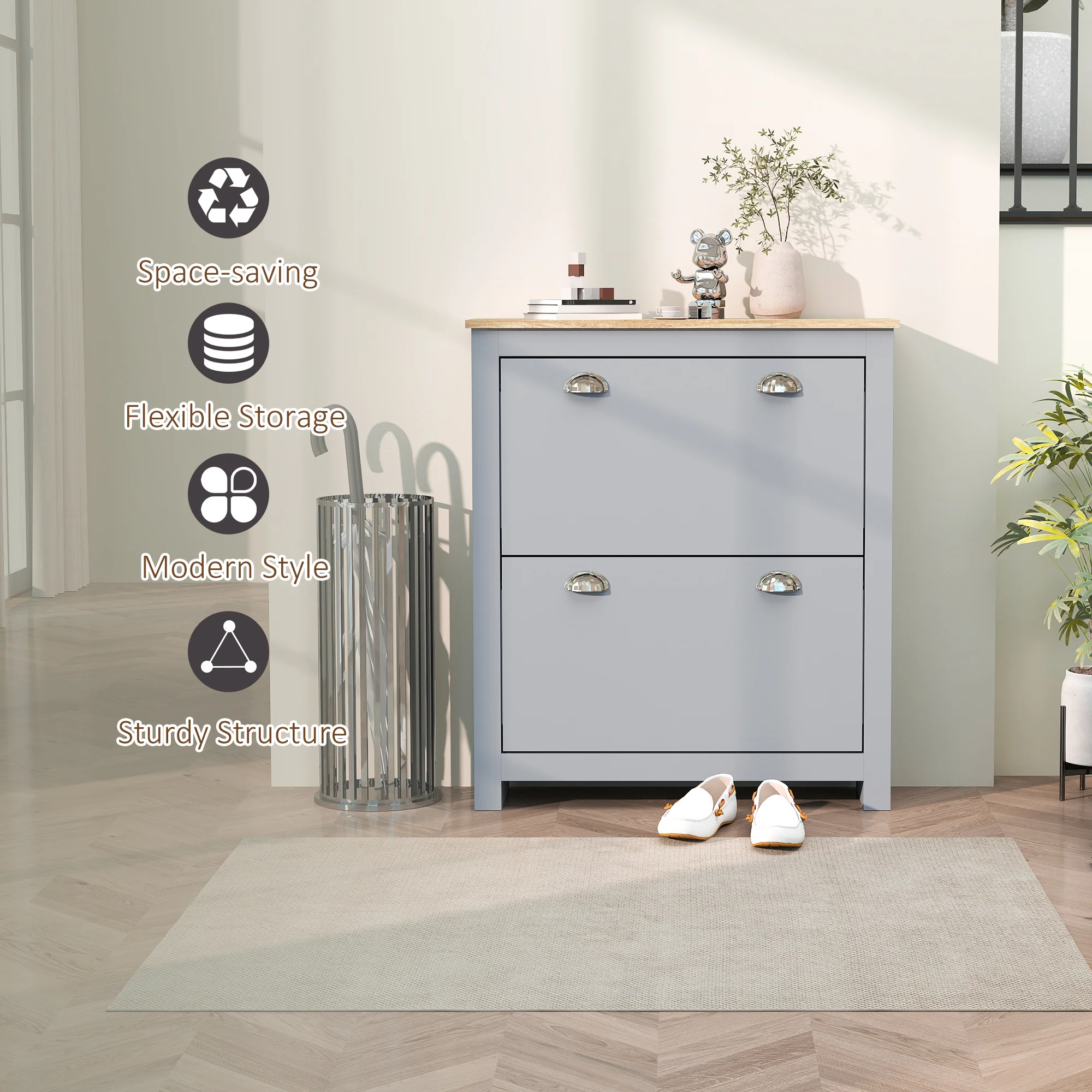 HOMCOM 2 Drawer Shoe Cabinet Narrow Shoe Cupboard with Flip Doors, Grey - Image 7