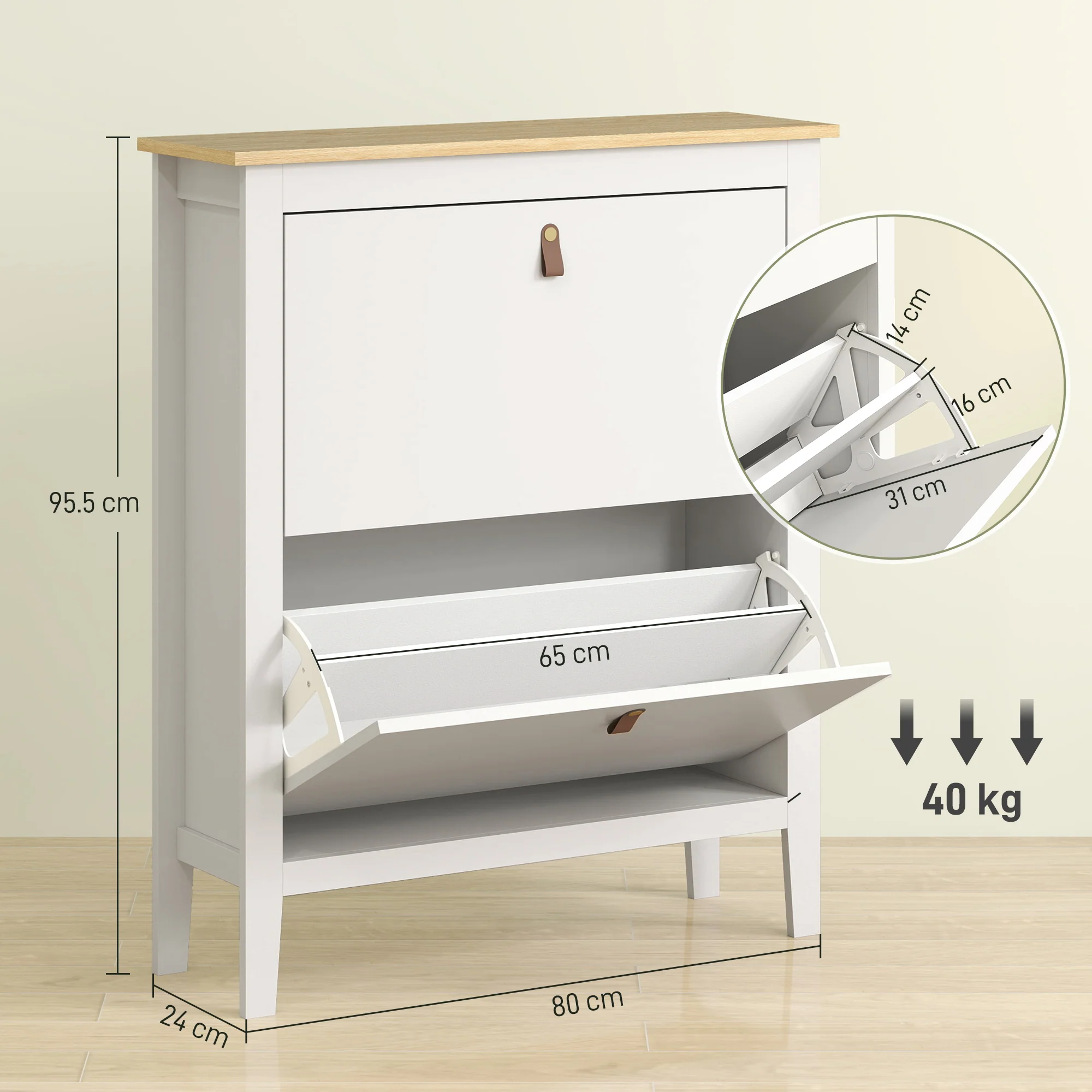 HOMCOM 2 Drawer Shoe Cabinet with Flip Doors for Hallway, Entryway, White - Image 5